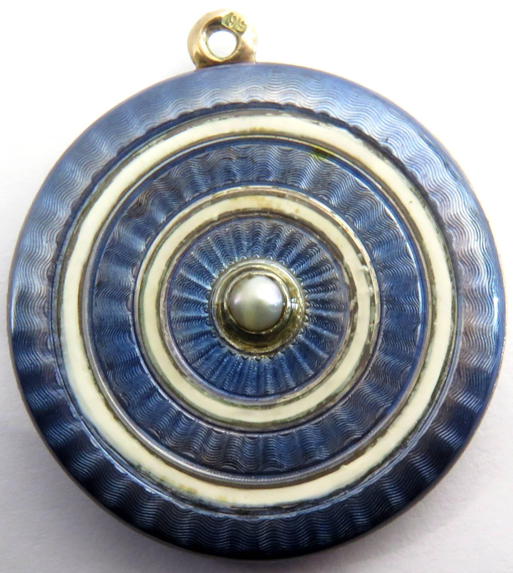 Women's or Men's Incredible Faberge Guilloche Enamel Antique Gold and Silver Pearl Locket Charm