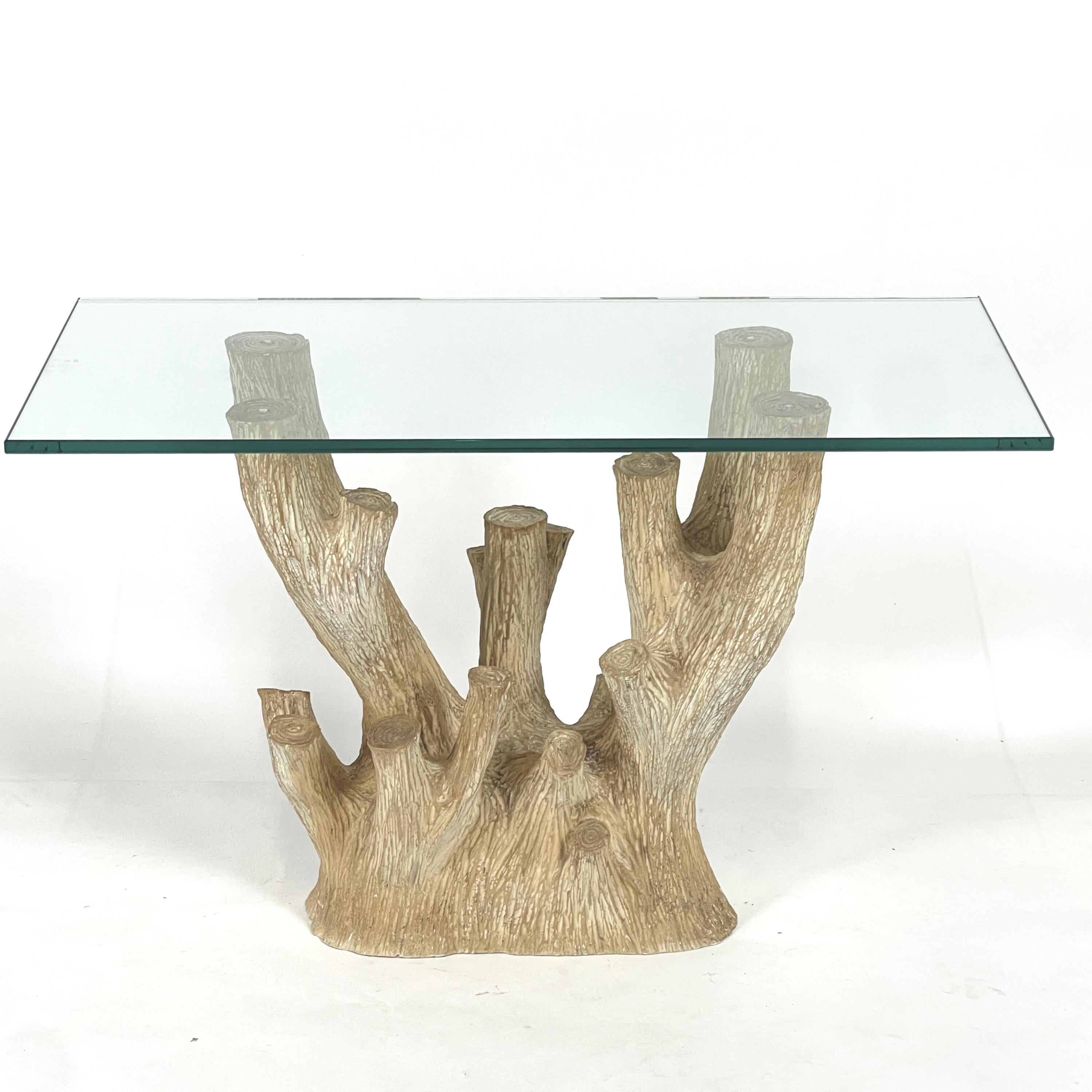Unglaubliche organische moderne Baumkonsole mit Glasauflage aus Faux Bois, Faux Bois im Angebot 2