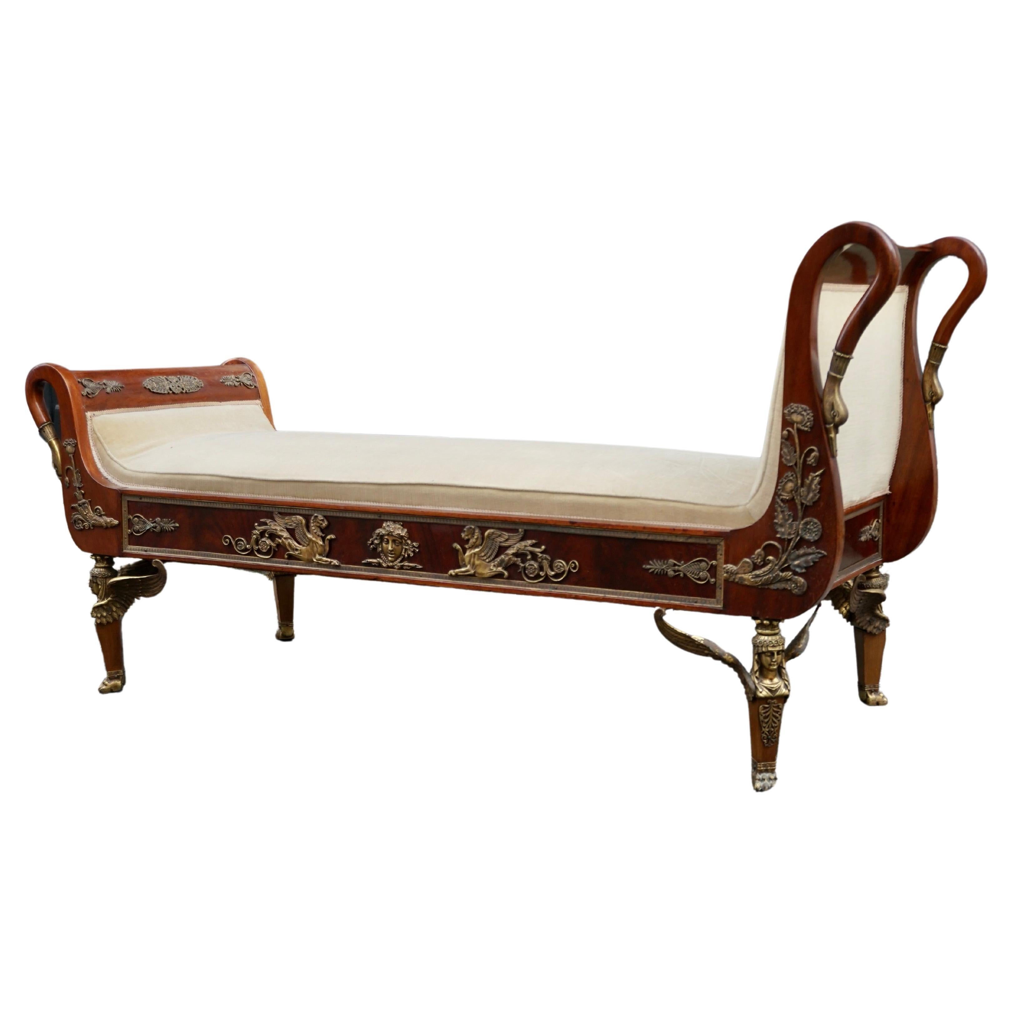 Empire Revival Incredible Gilt Bronze-Mounted Swan Neck Daybed in French Empire Style For Sale