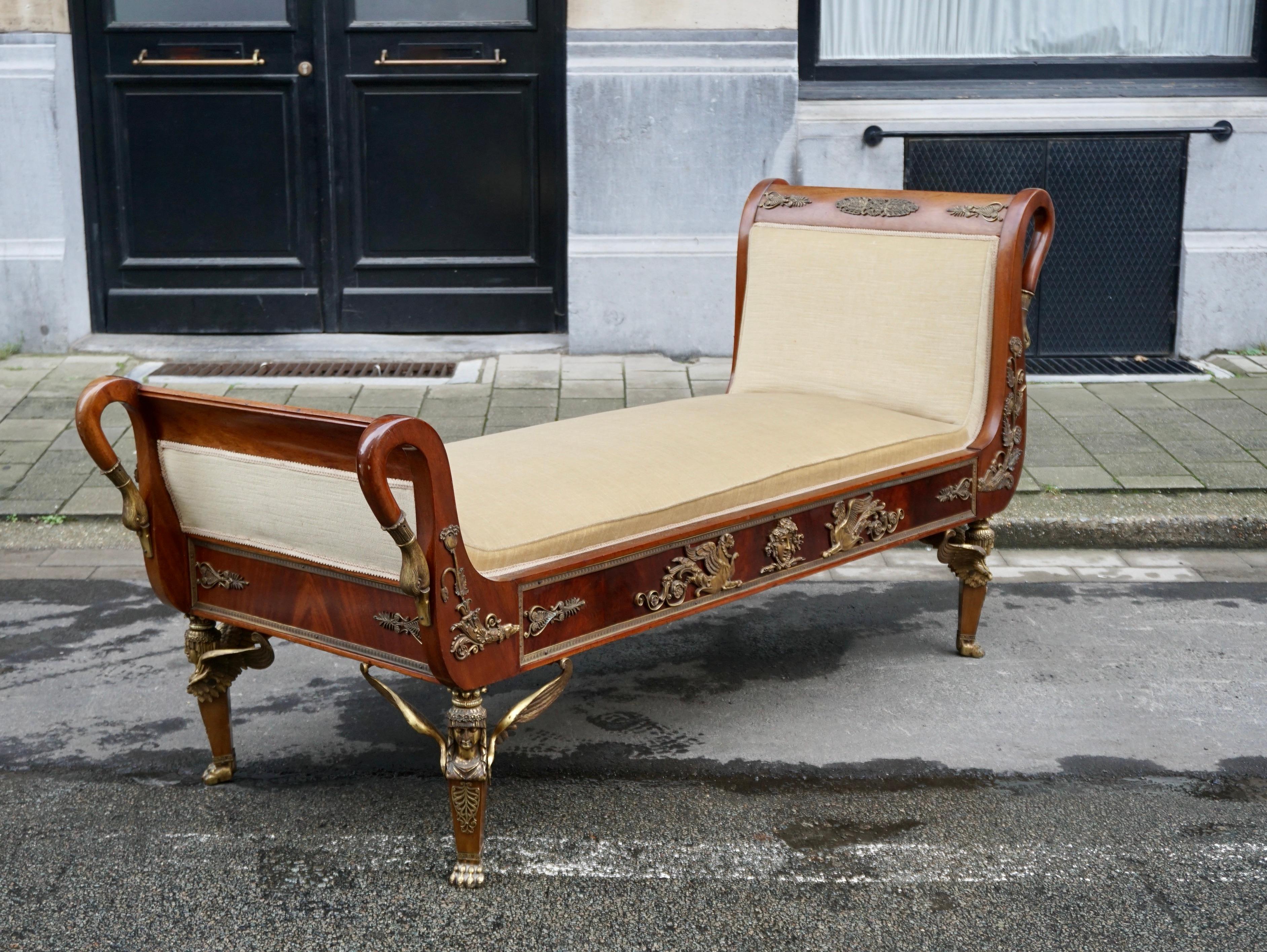 19th Century Incredible Gilt Bronze-Mounted Swan Neck Daybed in French Empire Style For Sale