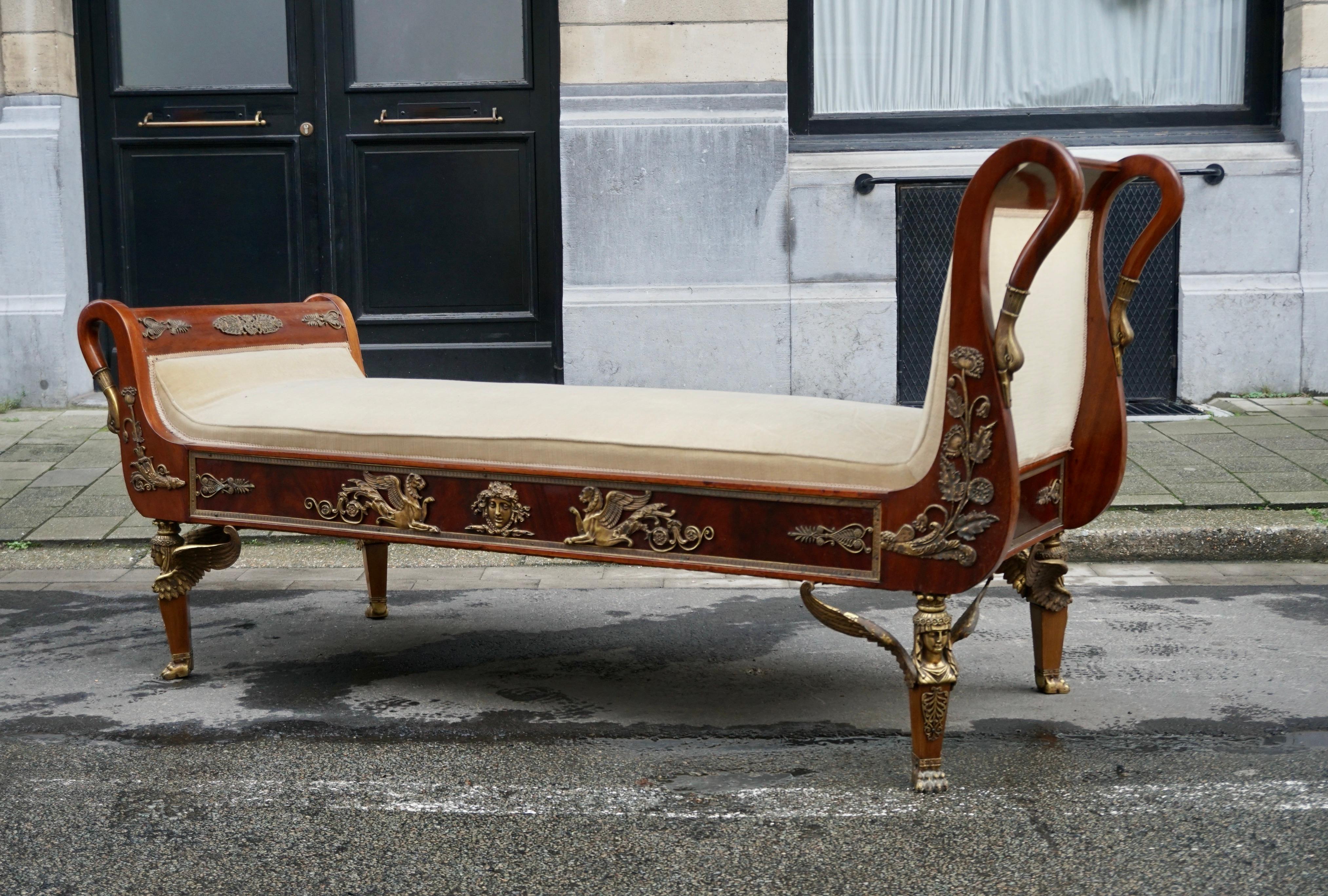 Incredible Gilt Bronze-Mounted Swan Neck Daybed in French Empire Style For Sale 2