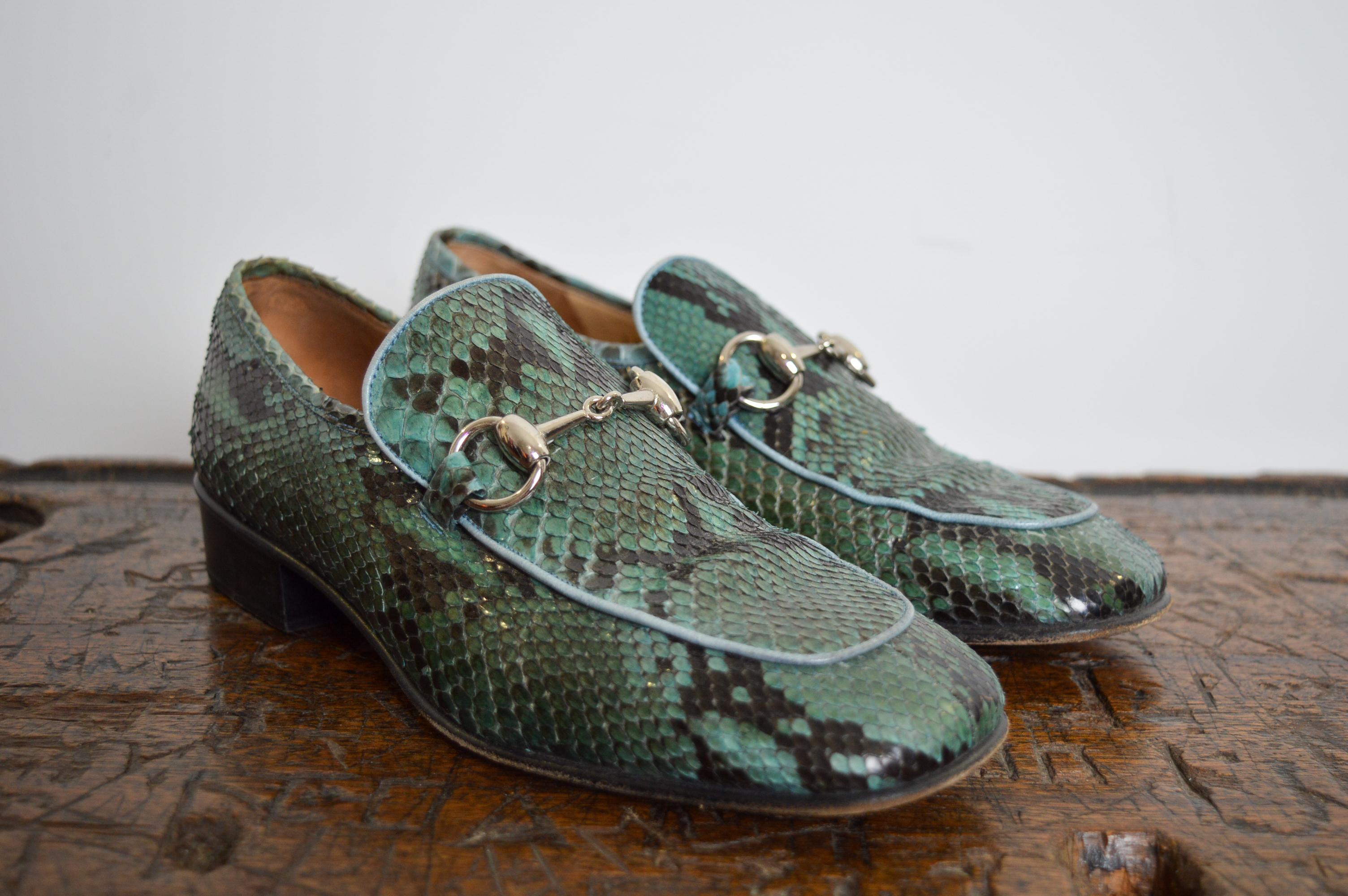 
GUCCI by Tom Ford Ice Blue Leather Horsebit Loafers 
MADE IN ITALY. 
Chrome Horsebit Hardware 
House Cream Colour lining with Gold embossed Gucci interior 
Leather Soles
U.K. Size 4 / EU Size 36
Heel height : 3cm 
Condition - Fantastic Vintage