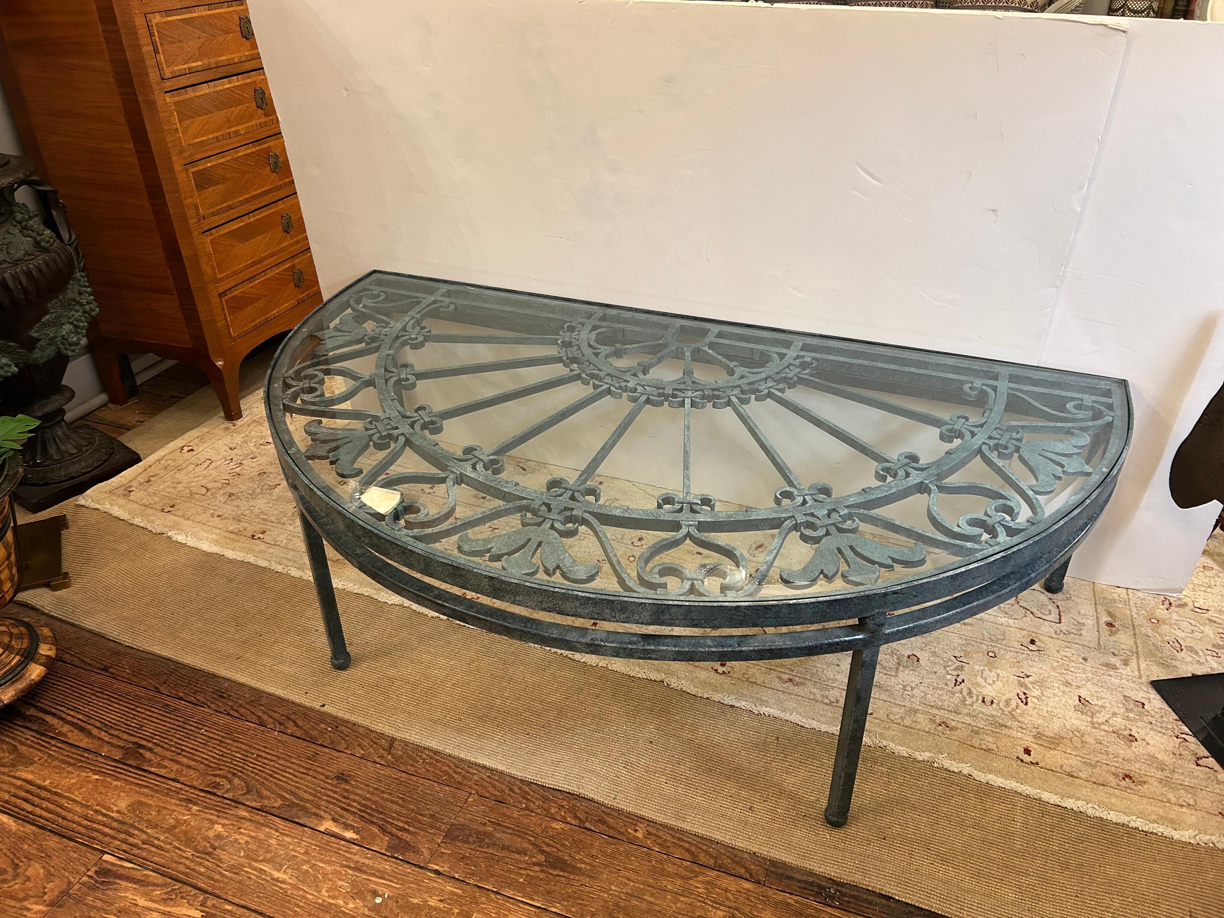 Glass Incredible Half Moon Iron Garden Gate Coffee Table For Sale
