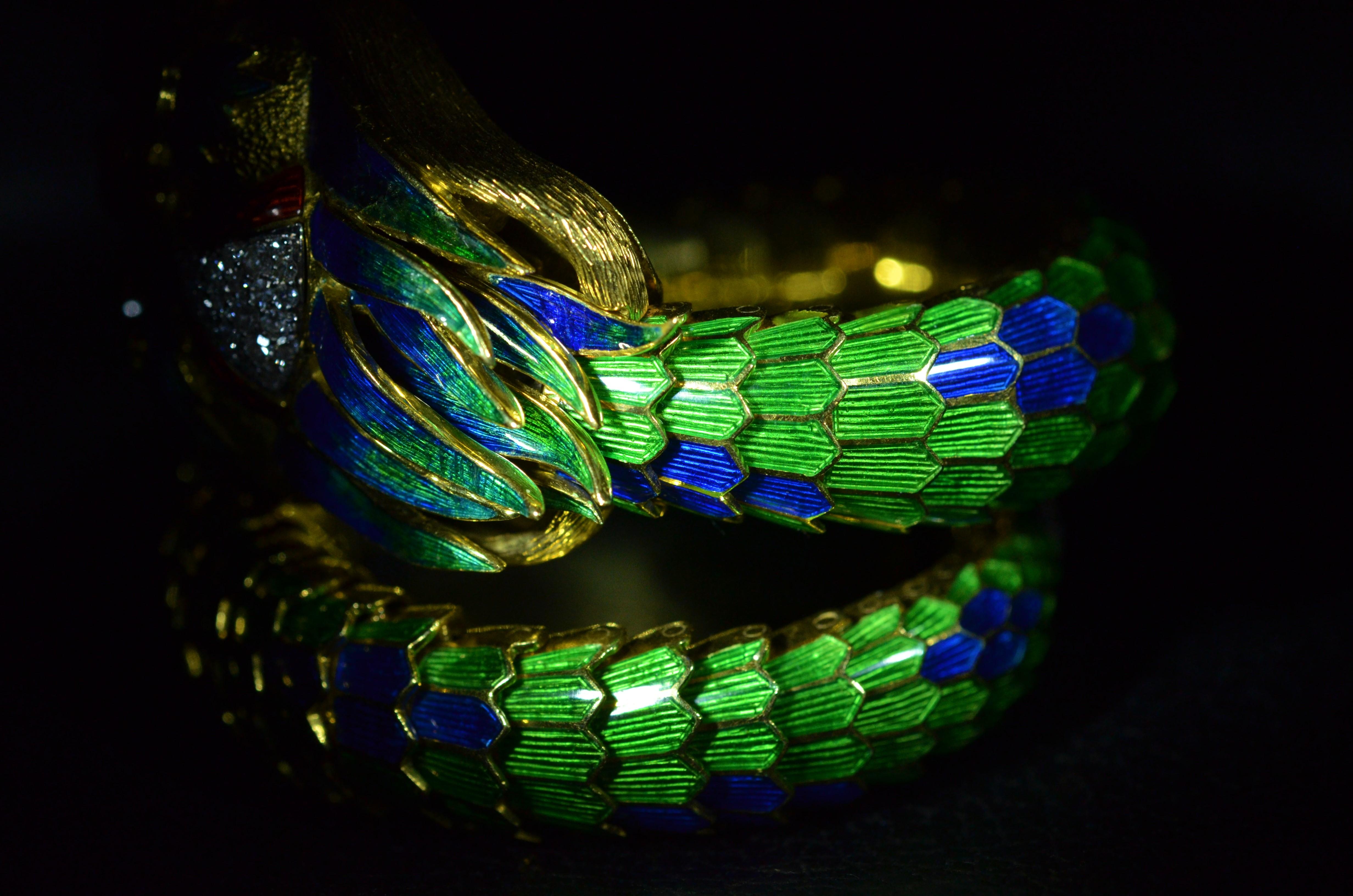 Modernist Incredible Hand Enameled Dragon Bracelet set with Diamonds and Rubies in Gold For Sale