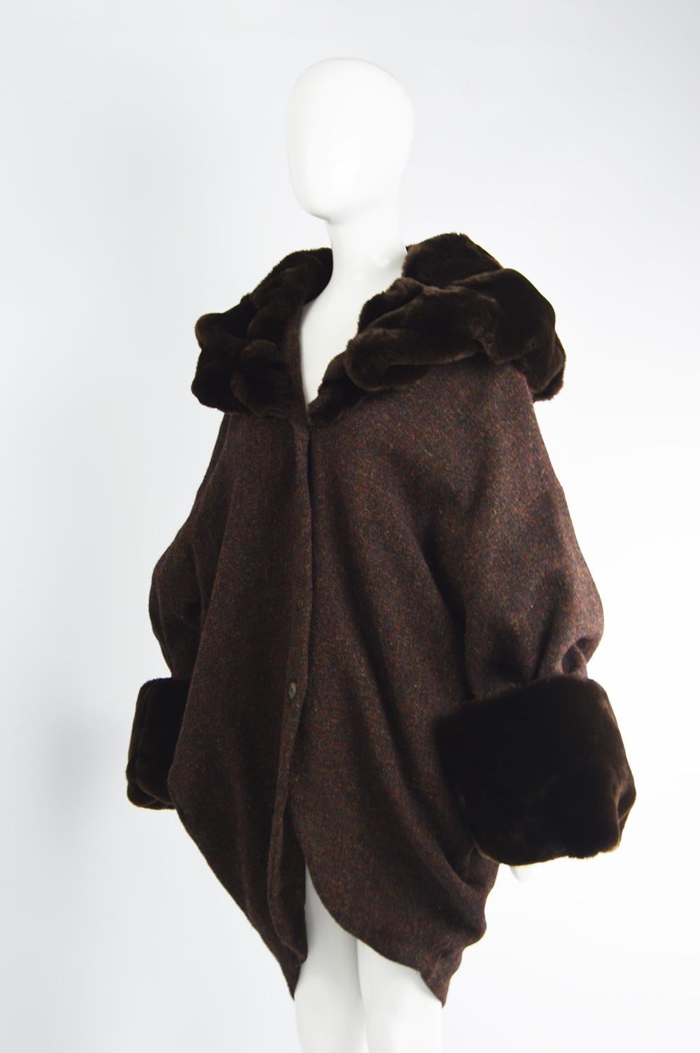 Black Incredible Harris Tweed Vintage Cocoon Coat with Glamorous Faux Fur Trim, 1980s