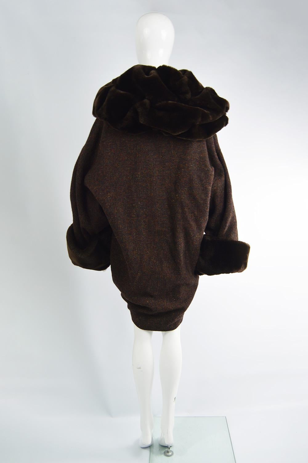 Incredible Harris Tweed Vintage Cocoon Coat with Glamorous Faux Fur Trim, 1980s 2