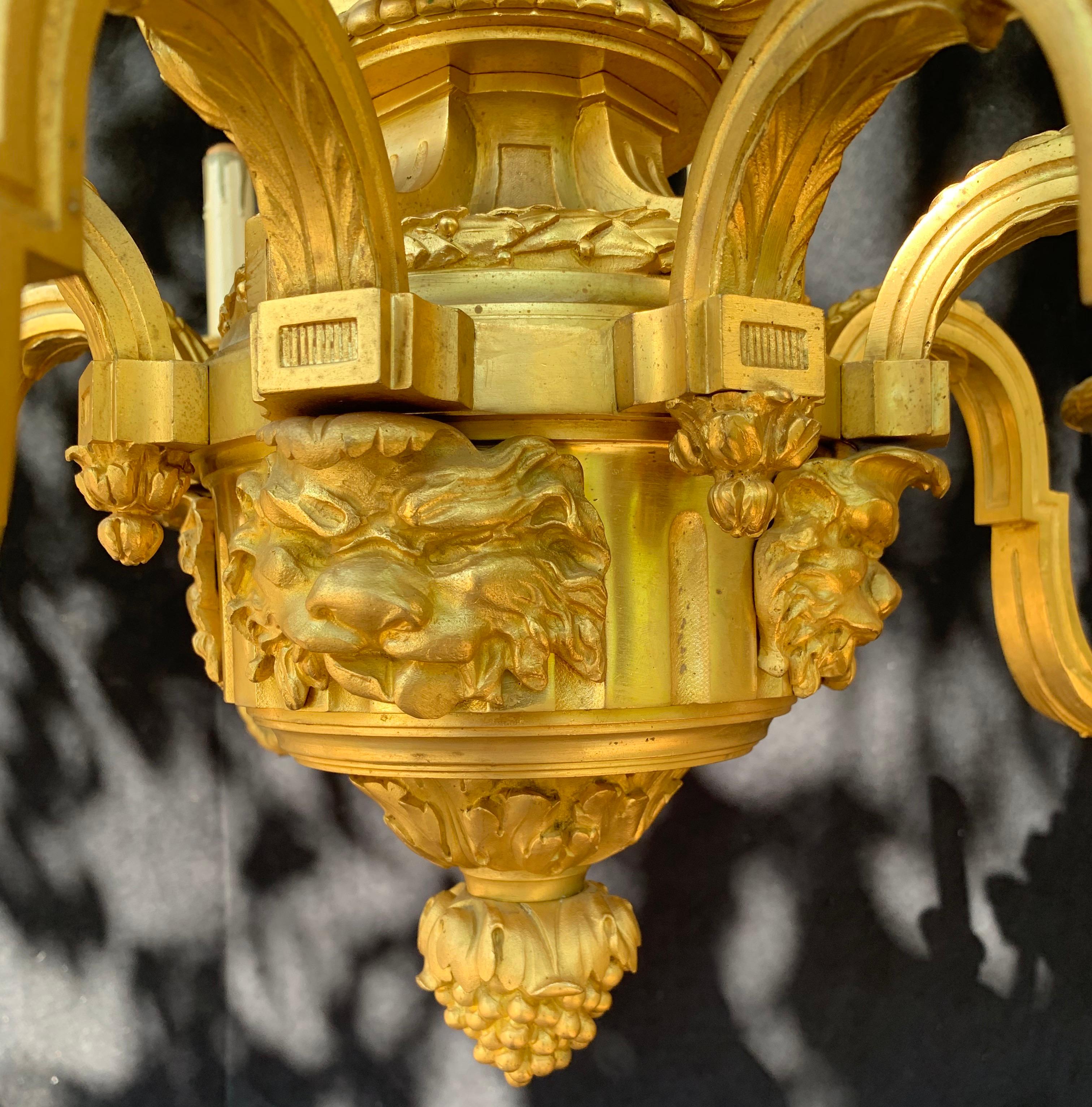 19th Century French Doré Bronze Neoclassical Lion Tassel Chandelier attrib. to Henri Vian