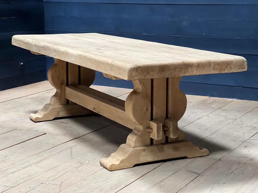 I have only ever seen one of these before, a huge Solid Oak Farmhouse Dining Table with a double bar stretcher. French in origin and of superb quality construction, this table will be around for generations to come. The top is an amazing 9.5cm thick