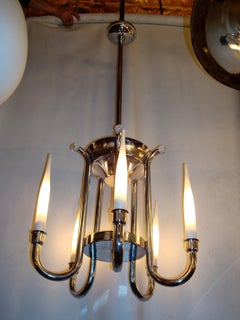 Incredible Lamp with Opaline Candles, Chromed Bronze, 1920, Style Art Deco
