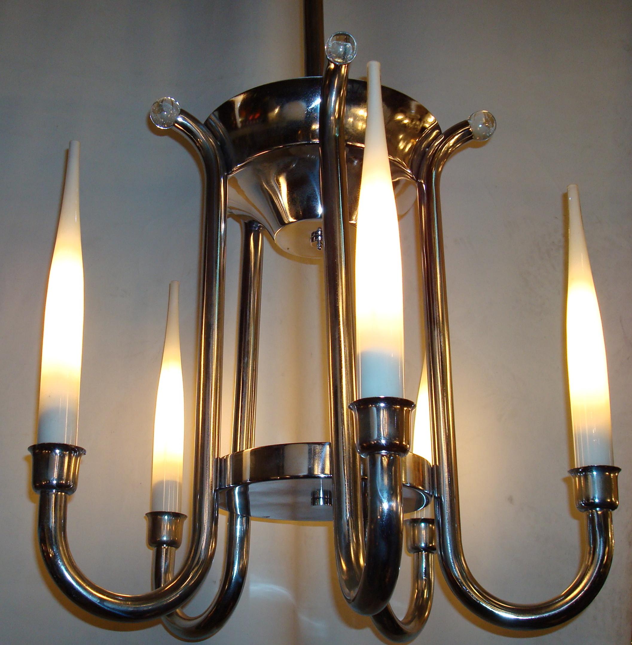 German Incredible Lamp with Opaline Candles, Chromed Bronze, 1920, Style Art Deco For Sale