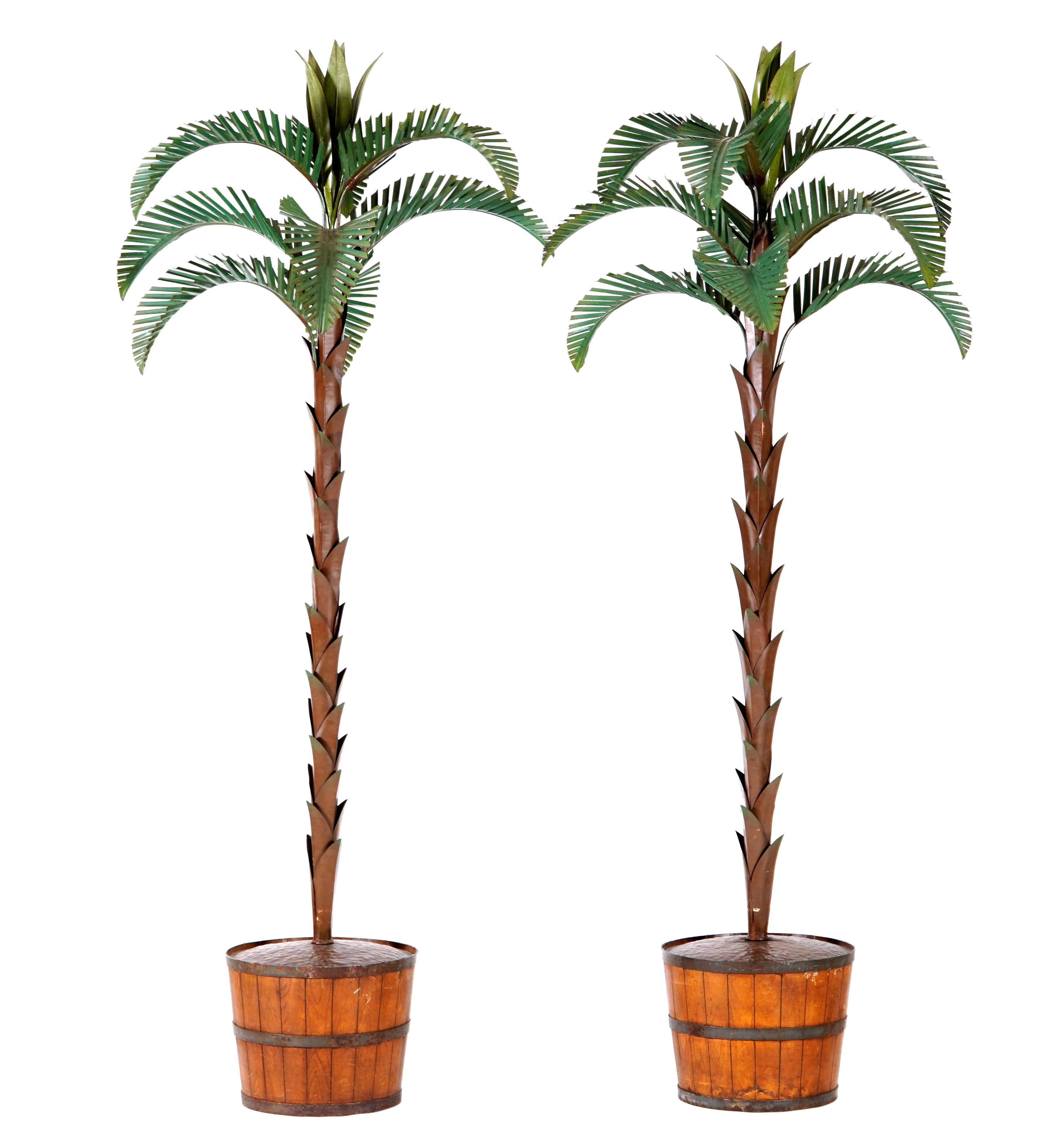 Hollywood Regency Incredible Large Pair Of Tole and Copper Palm Trees