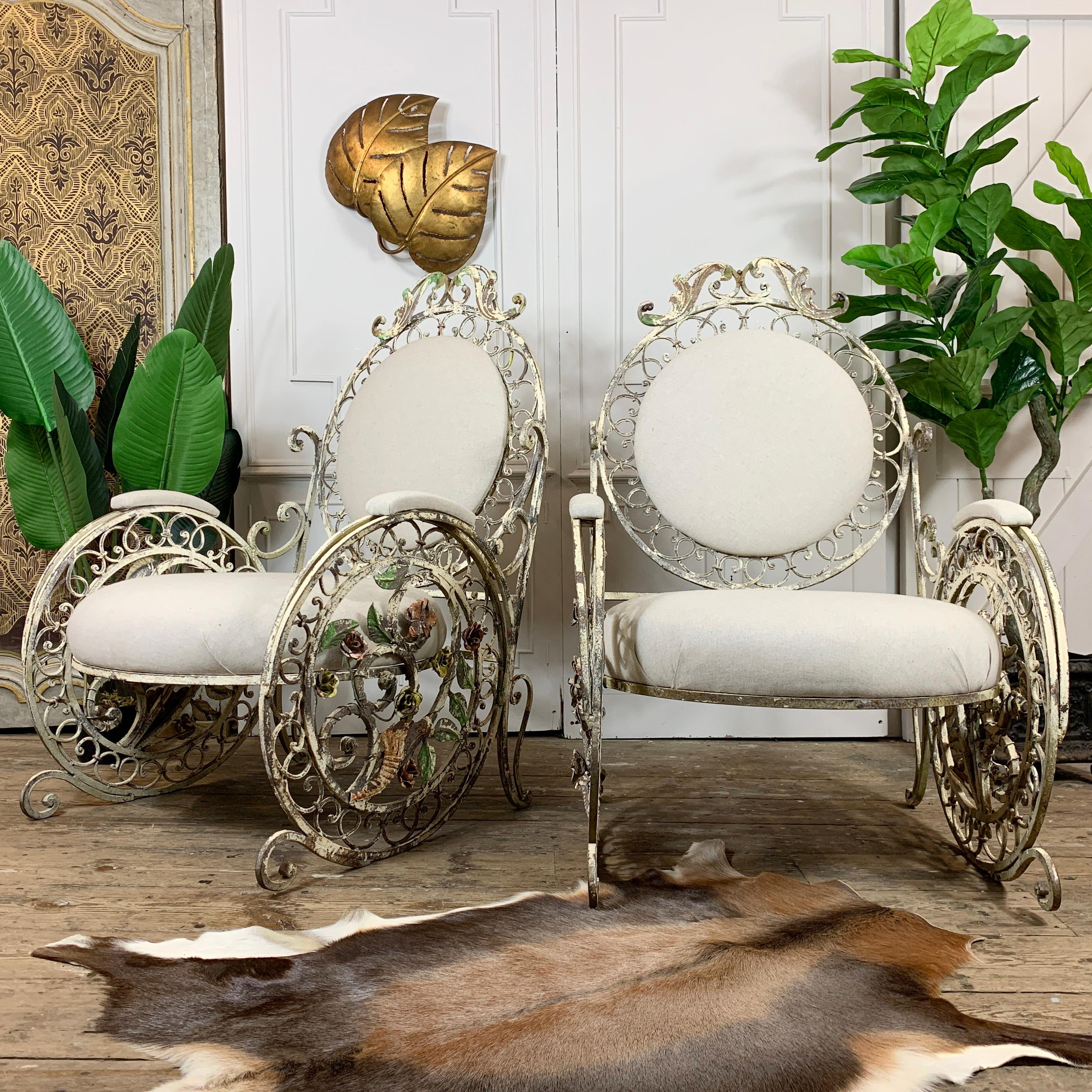 Art Nouveau Late 19th Century White Wrought Iron French Chairs For Sale