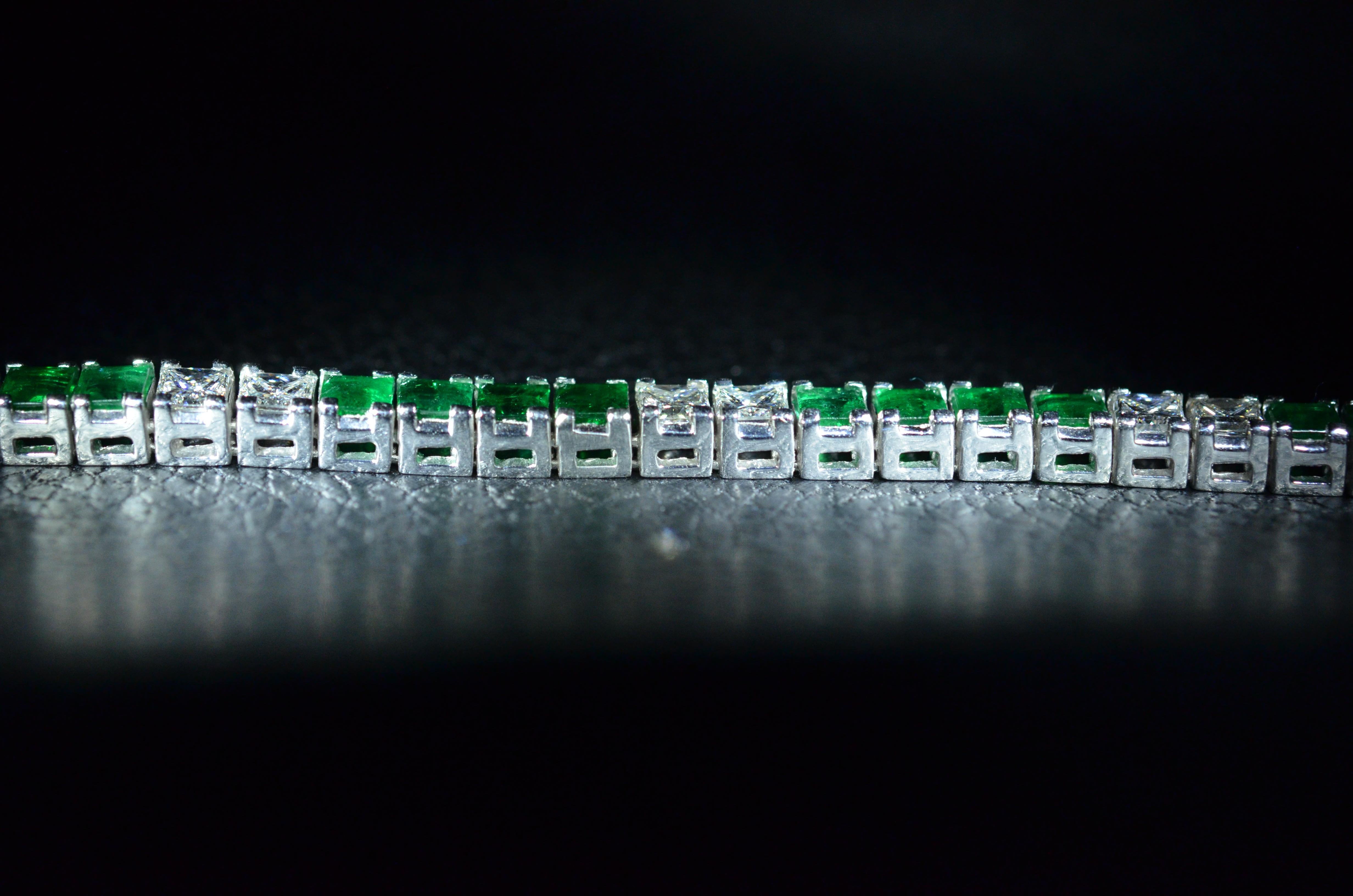 Radiant Cut Incredible Line Bracelet Set with Vivid Green Emeralds and Diamonds in Platinum For Sale