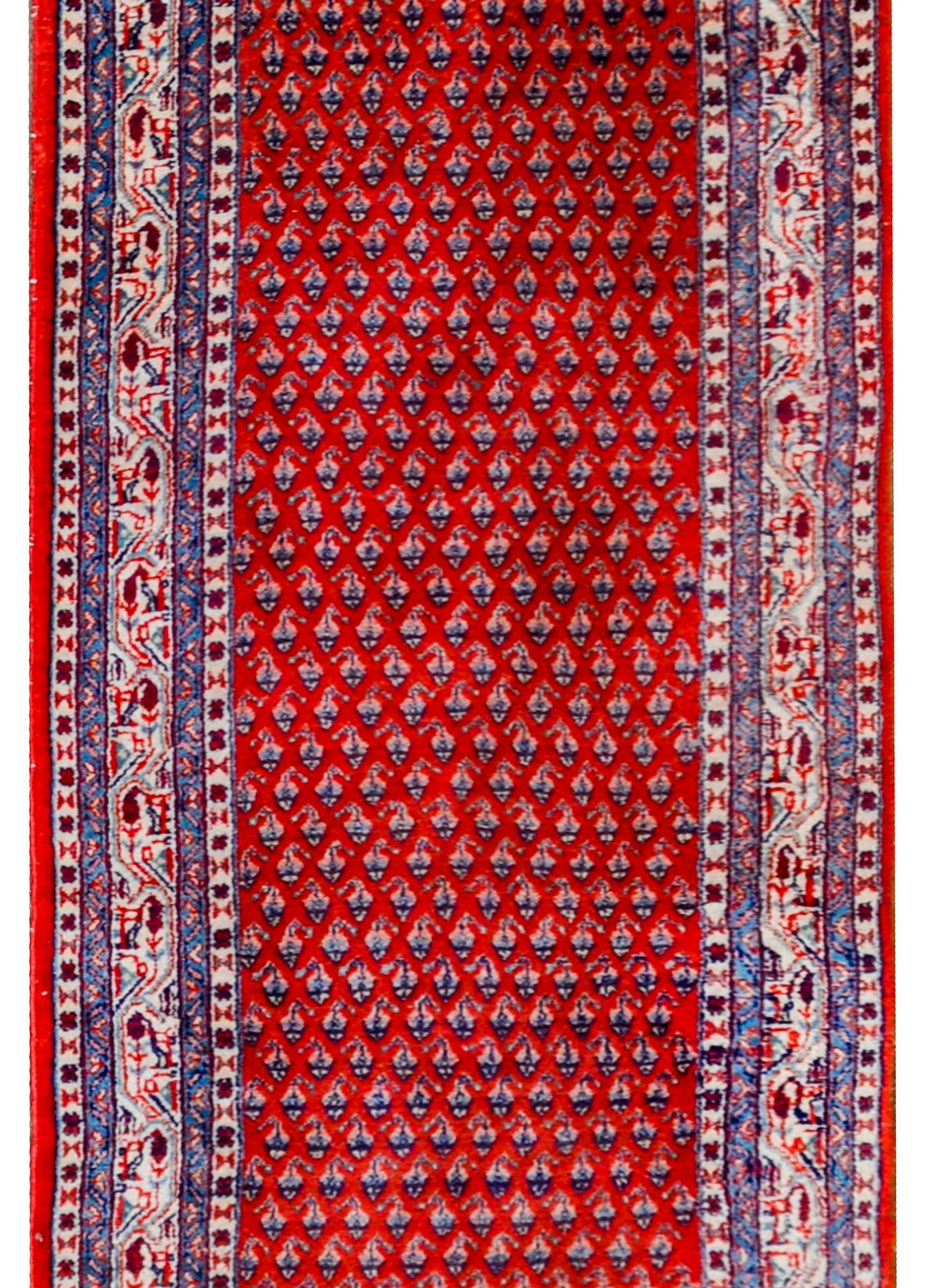 An incredible mid-20th century Mir Saroulk runner with an all-over paisley pattern on a crimson background surrounded by a complex border of multiple stylized floral and leaf patterned stripes.