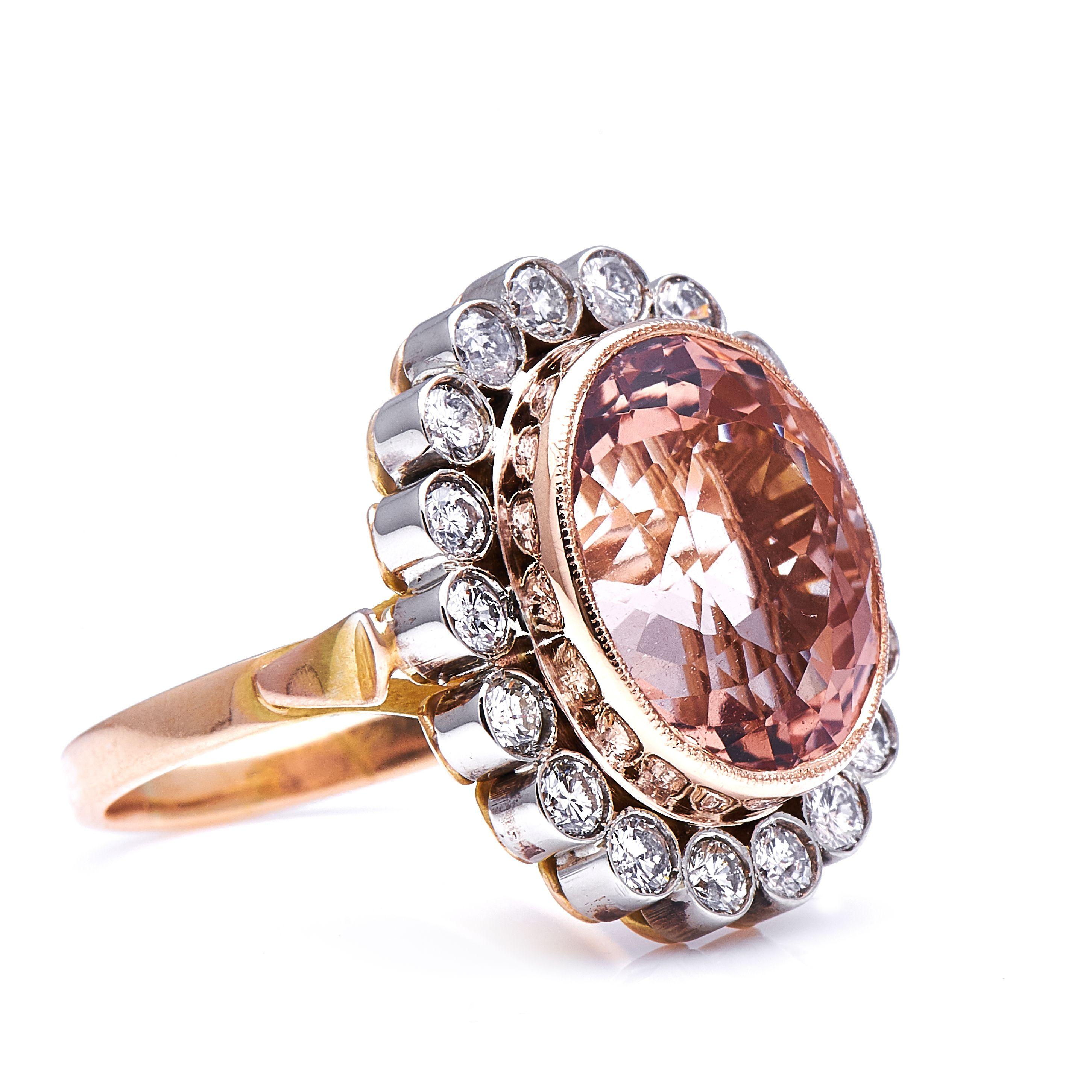 Morganite and diamond ring. Morganite is a variety of beryl, alongside its more widely known relatives aquamarine and emerald. What distinguishes morganite within its family is its pink hue, caused by traces of the element Manganese. Morganite is a