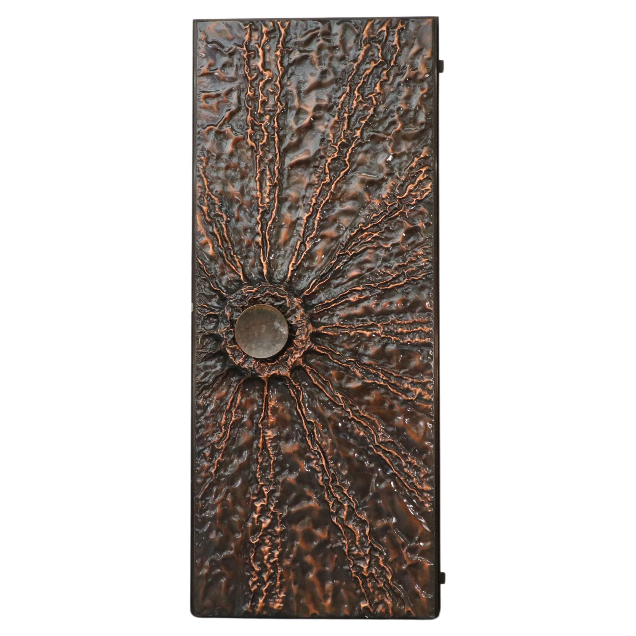 Incredible Mid-Century Large Brutalist Copper Sunburst Door with Large Handle For Sale