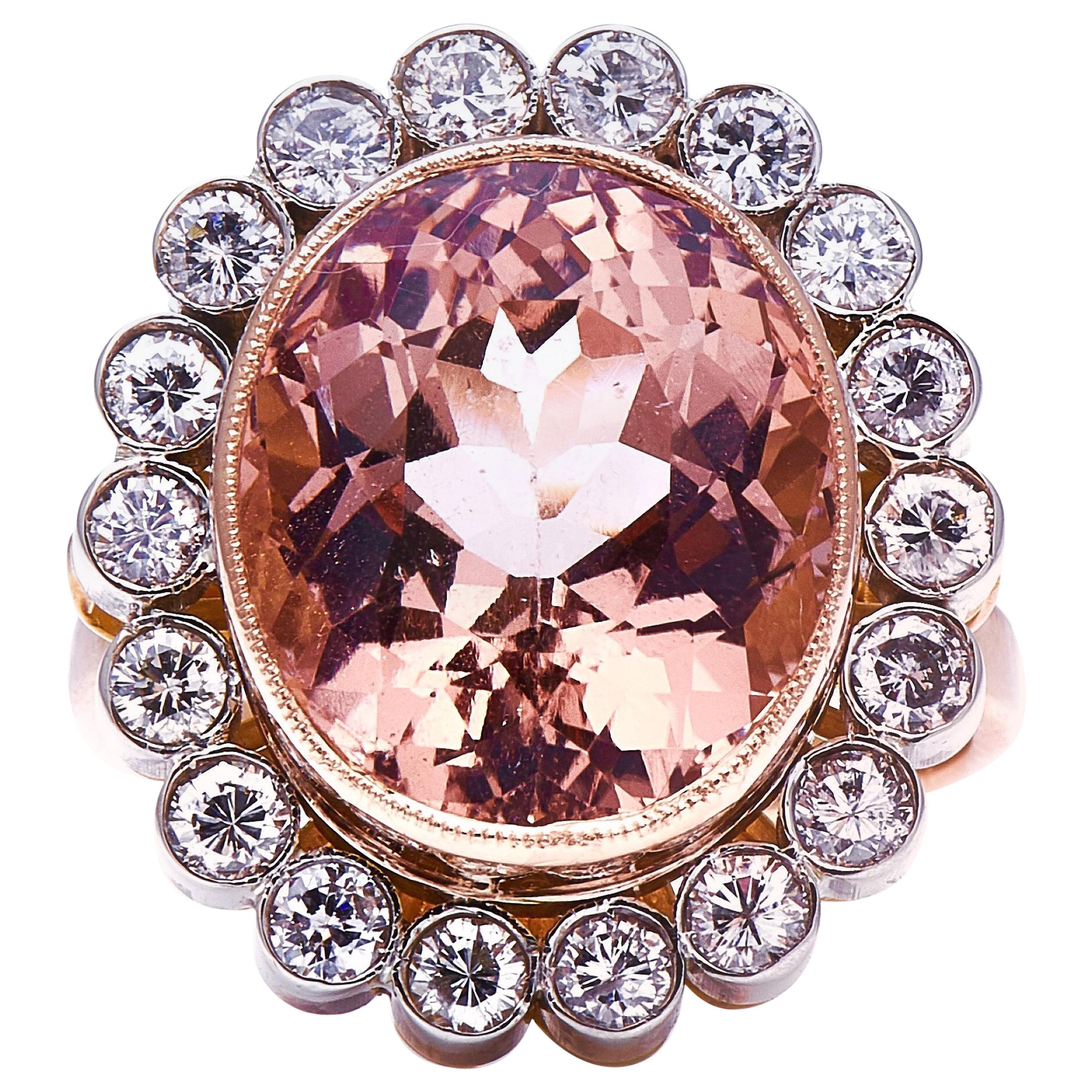 Incredible Midcentury 1950s French 18 Carat Rose Gold Morganite and Diamond Ring