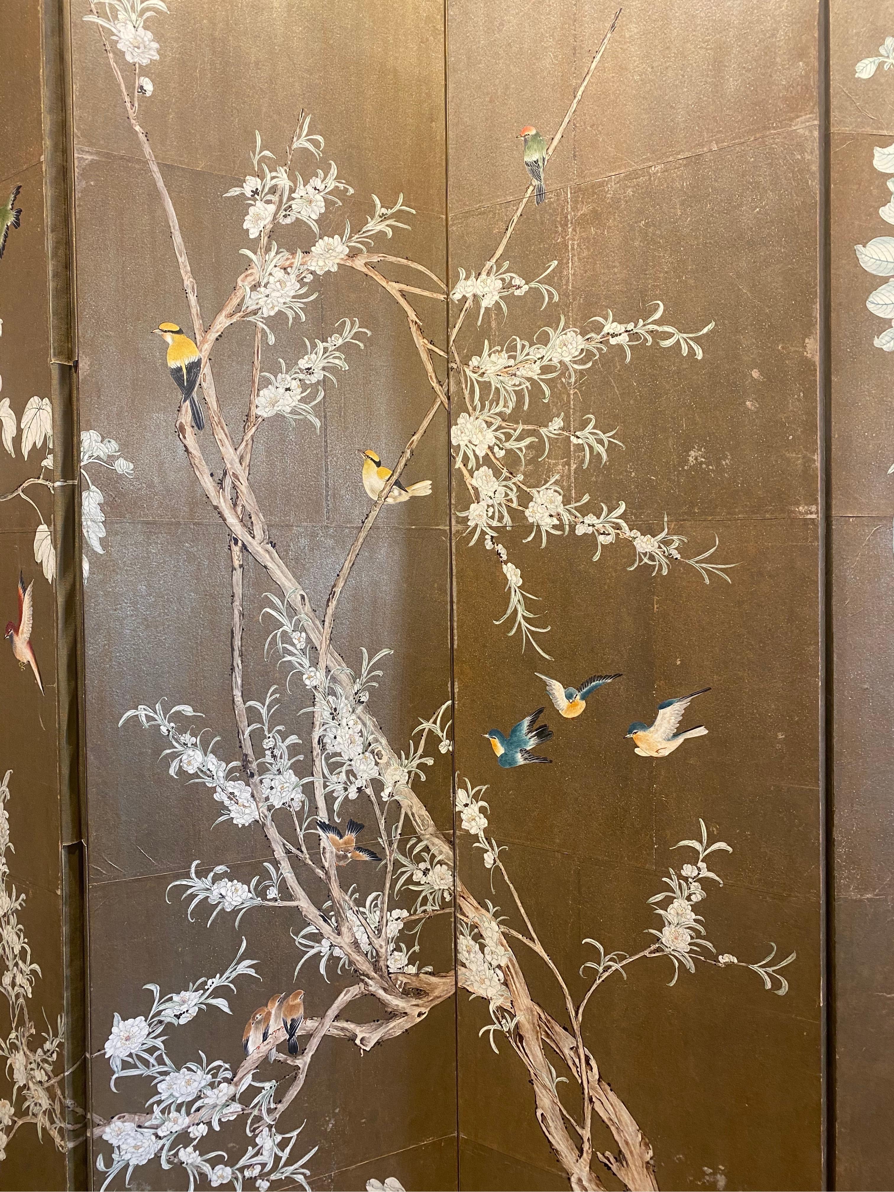 Incredible Midcentury 8-Panel Hand Painted Gold Leaf Screen 1