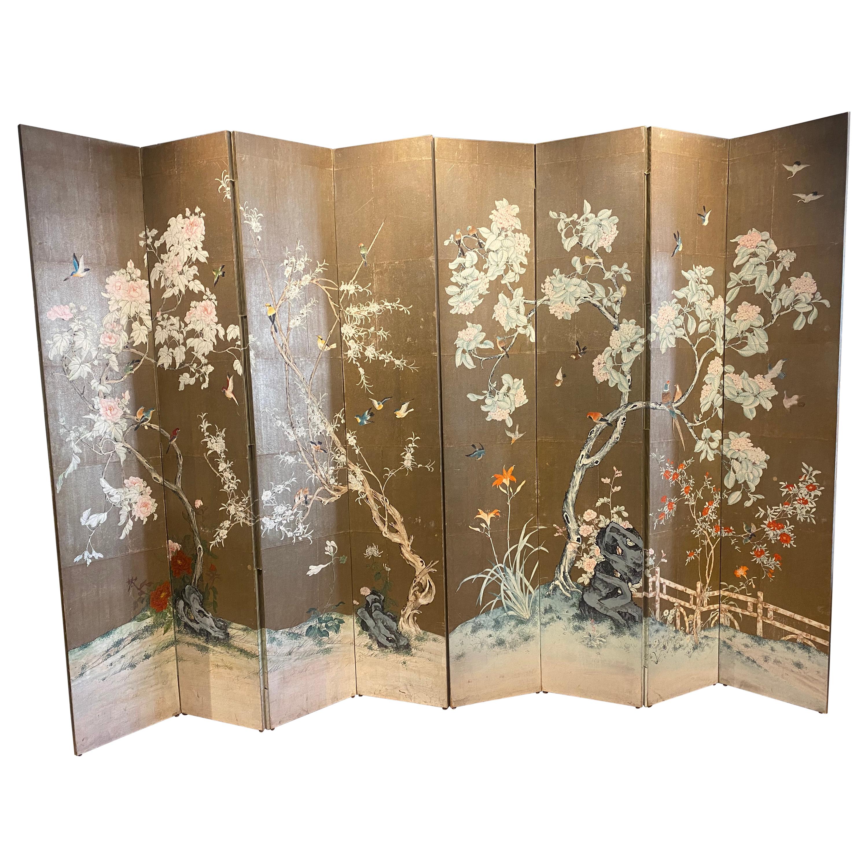 Incredible Midcentury 8-Panel Hand Painted Gold Leaf Screen
