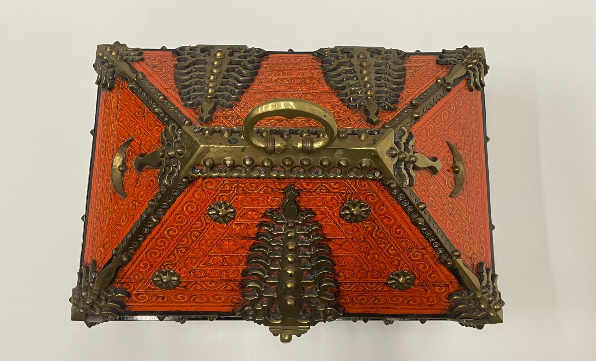 Incredible Monumental 19th Century Ornate Red Lacquer & Brass Dowry Box 6