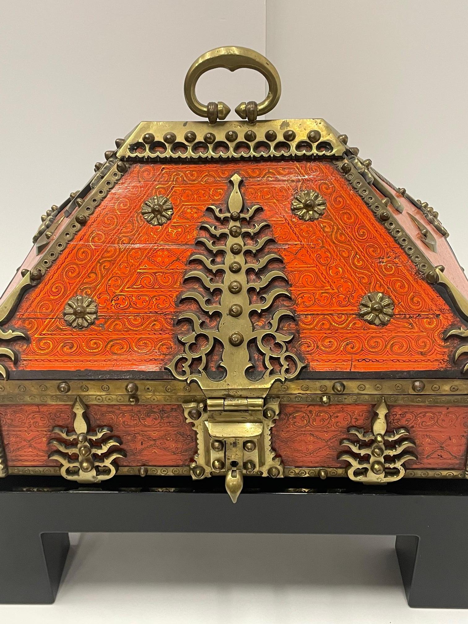 Incredible Monumental 19th Century Ornate Red Lacquer & Brass Dowry Box 12
