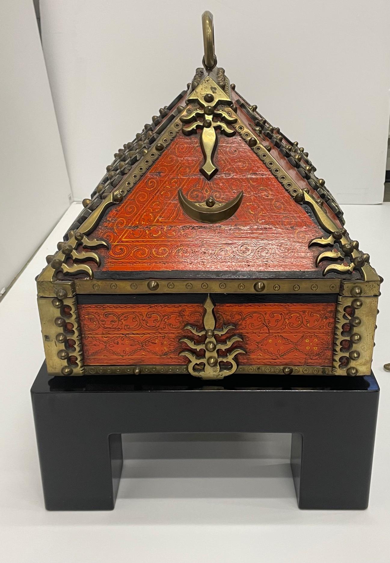 Incredible Monumental 19th Century Ornate Red Lacquer & Brass Dowry Box In Good Condition In Hopewell, NJ
