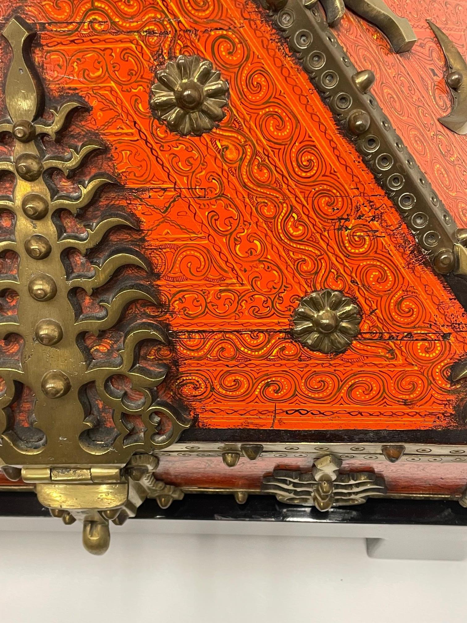Incredible Monumental 19th Century Ornate Red Lacquer & Brass Dowry Box 1