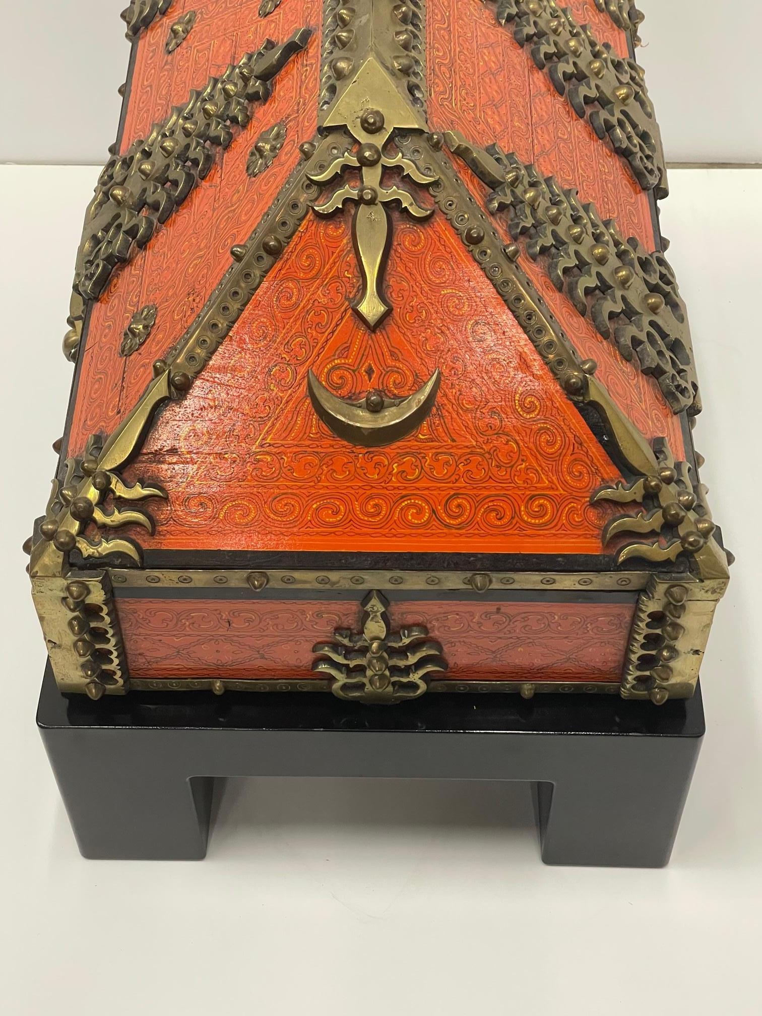 Incredible Monumental 19th Century Ornate Red Lacquer & Brass Dowry Box 3
