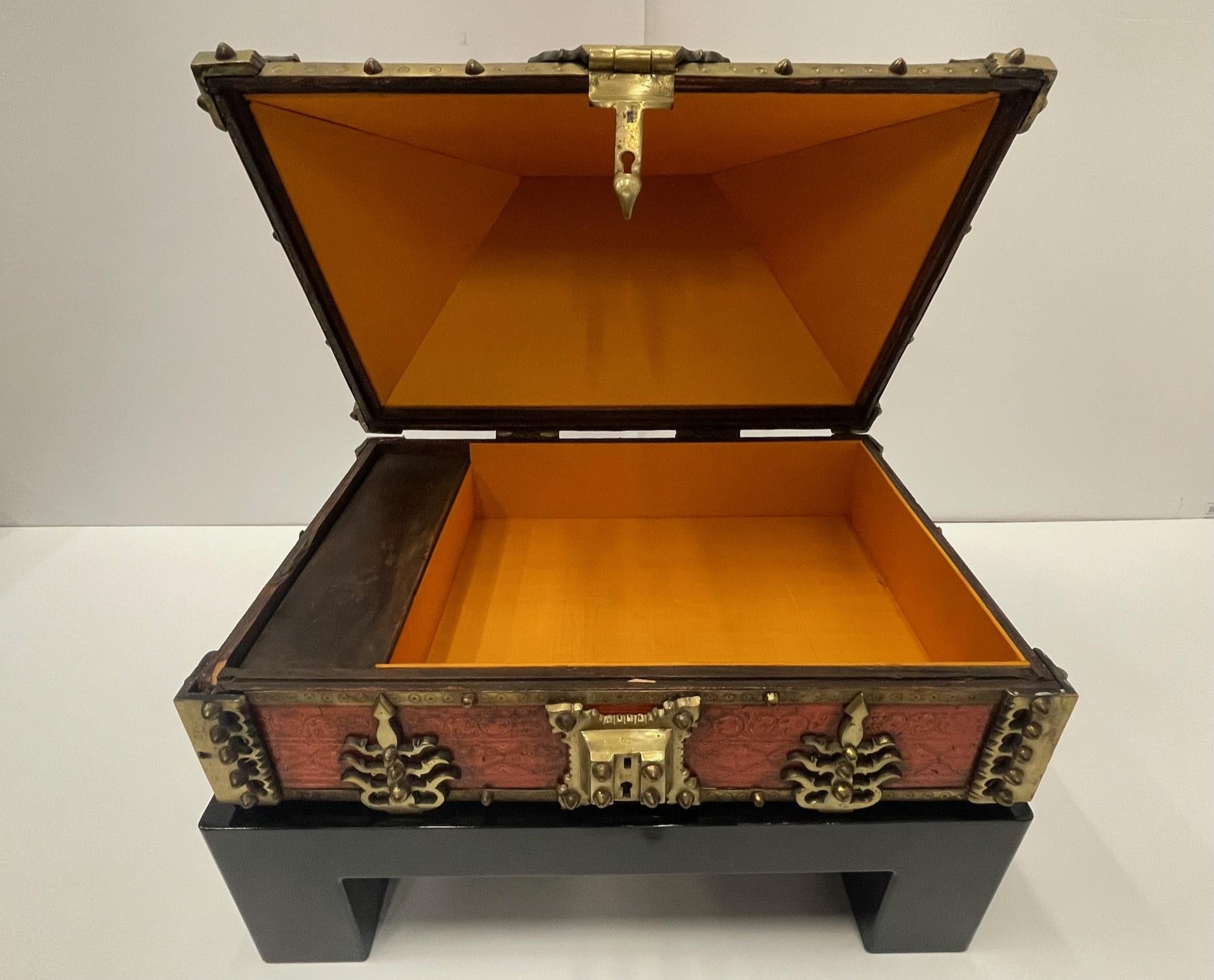 Incredible Monumental 19th Century Ornate Red Lacquer & Brass Dowry Box 4