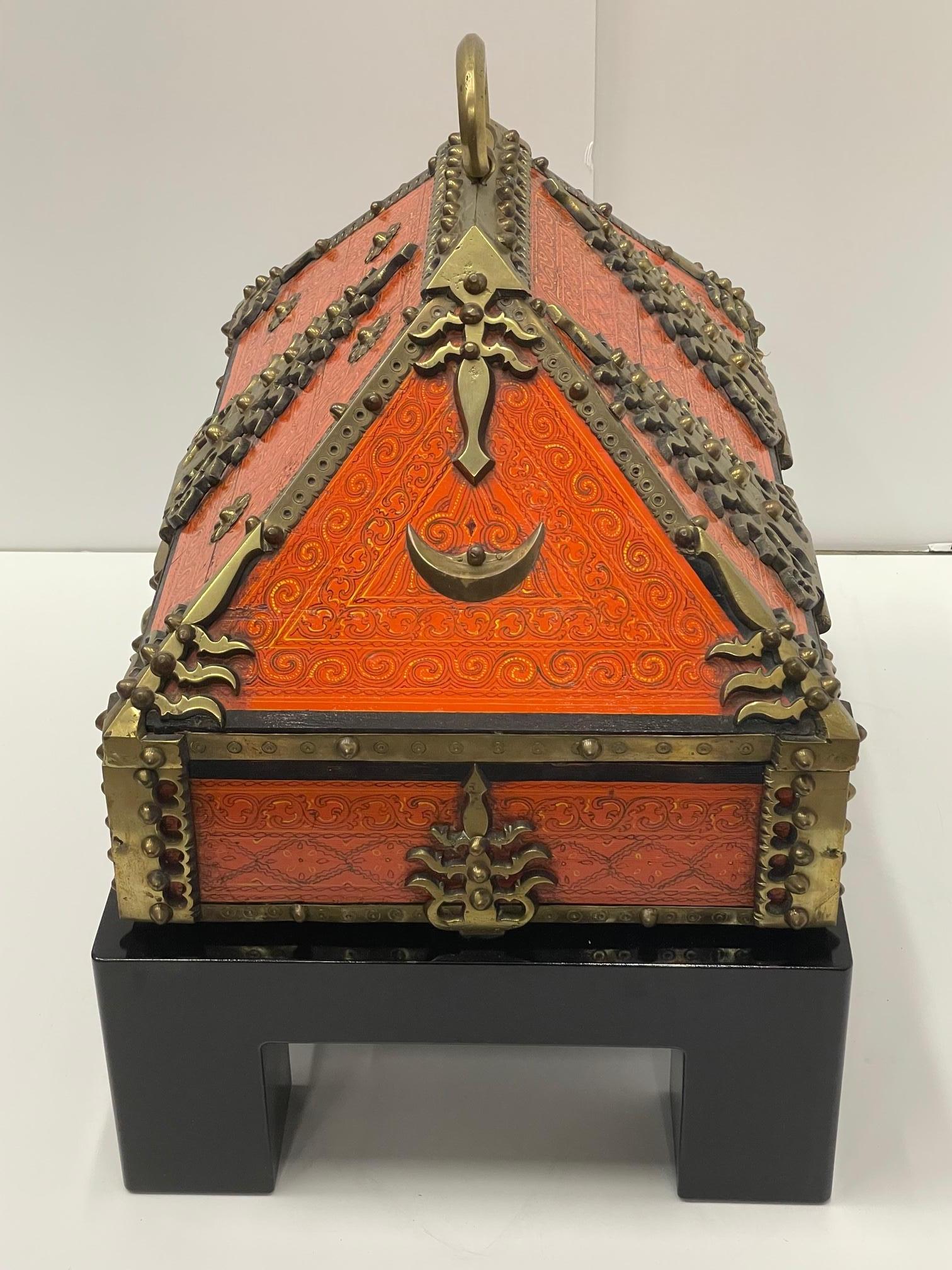 Incredible Monumental 19th Century Ornate Red Lacquer & Brass Dowry Box 5