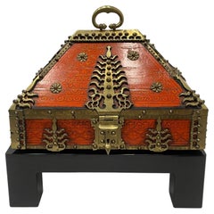 Incredible Monumental 19th Century Ornate Red Lacquer & Brass Dowry Box