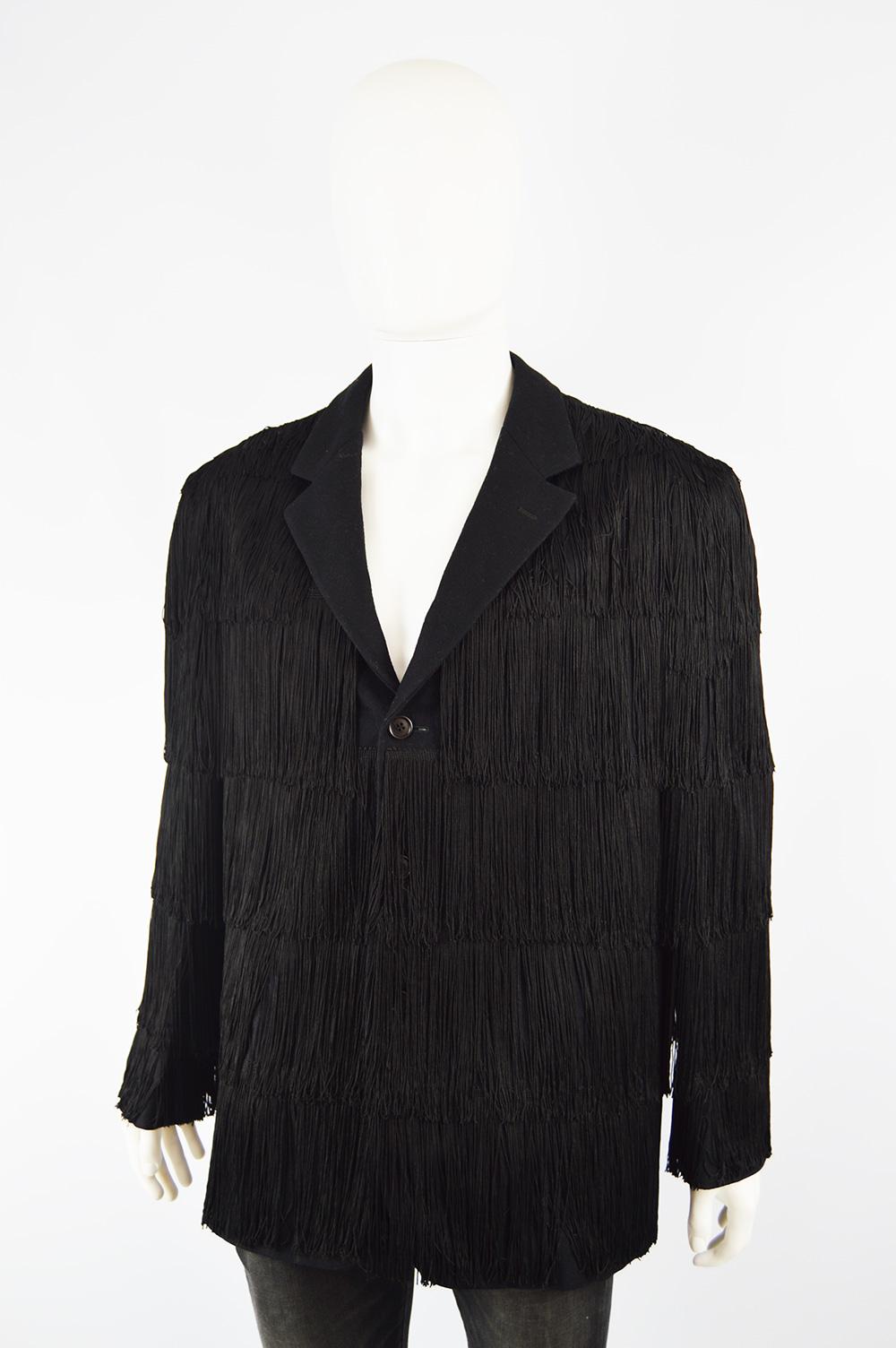 Incredible Moschino Men's Vintage Fringed Black Wool Blazer Jacket, 1990s In Excellent Condition In Doncaster, South Yorkshire