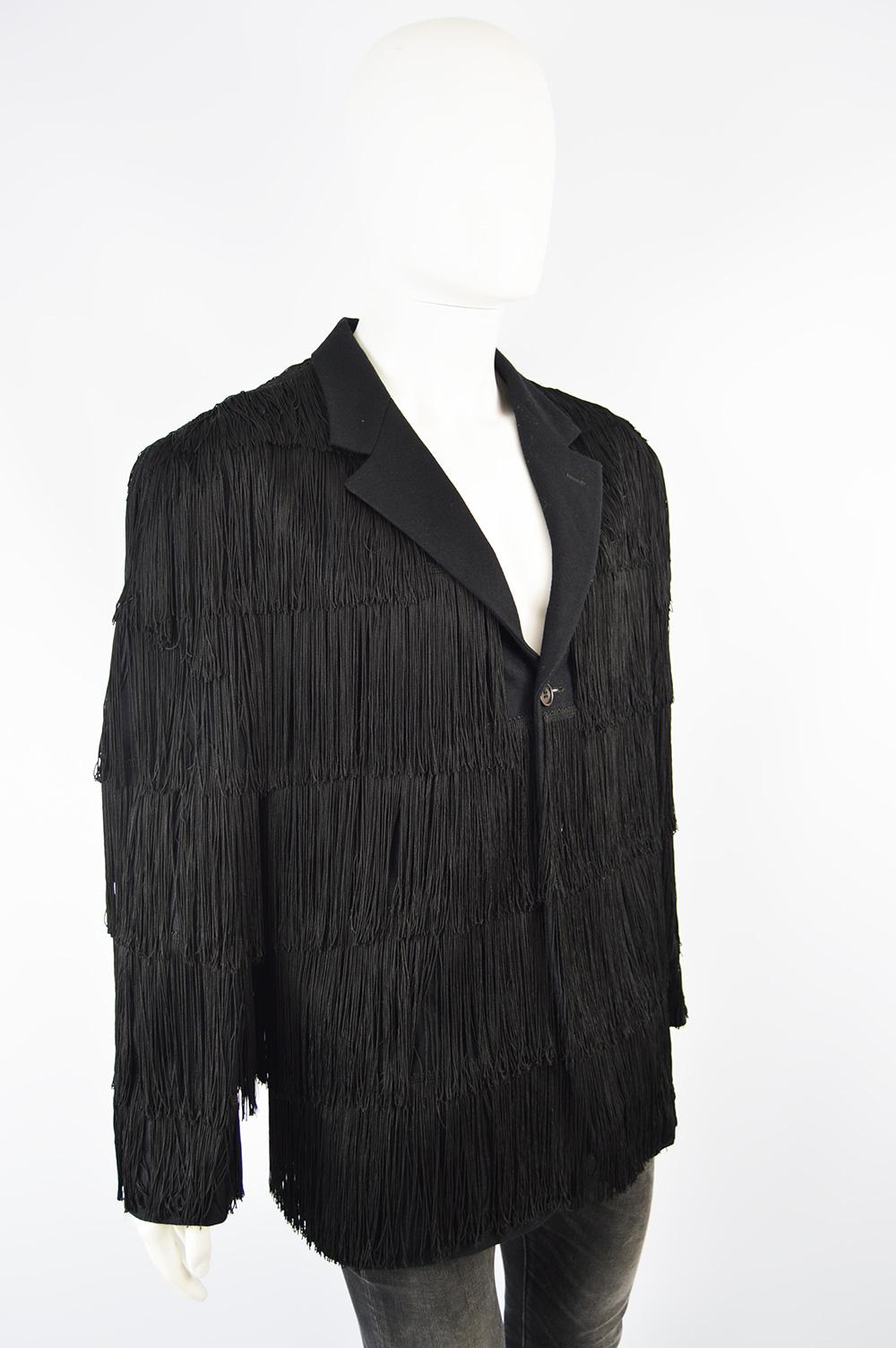 Incredible Moschino Men's Vintage Fringed Black Wool Blazer Jacket, 1990s 3