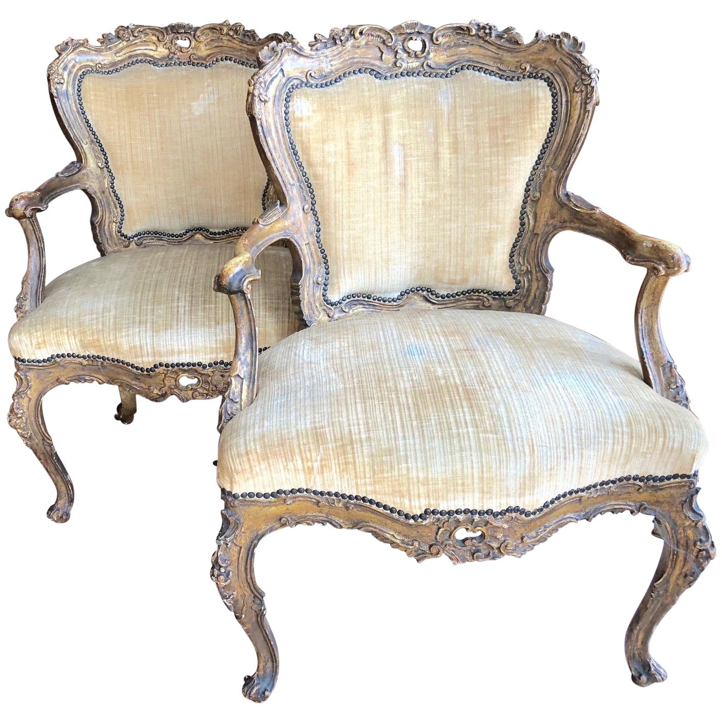 Incredible Museum Quality Pair of Lacquer and Giltwood Carved French Armchairs