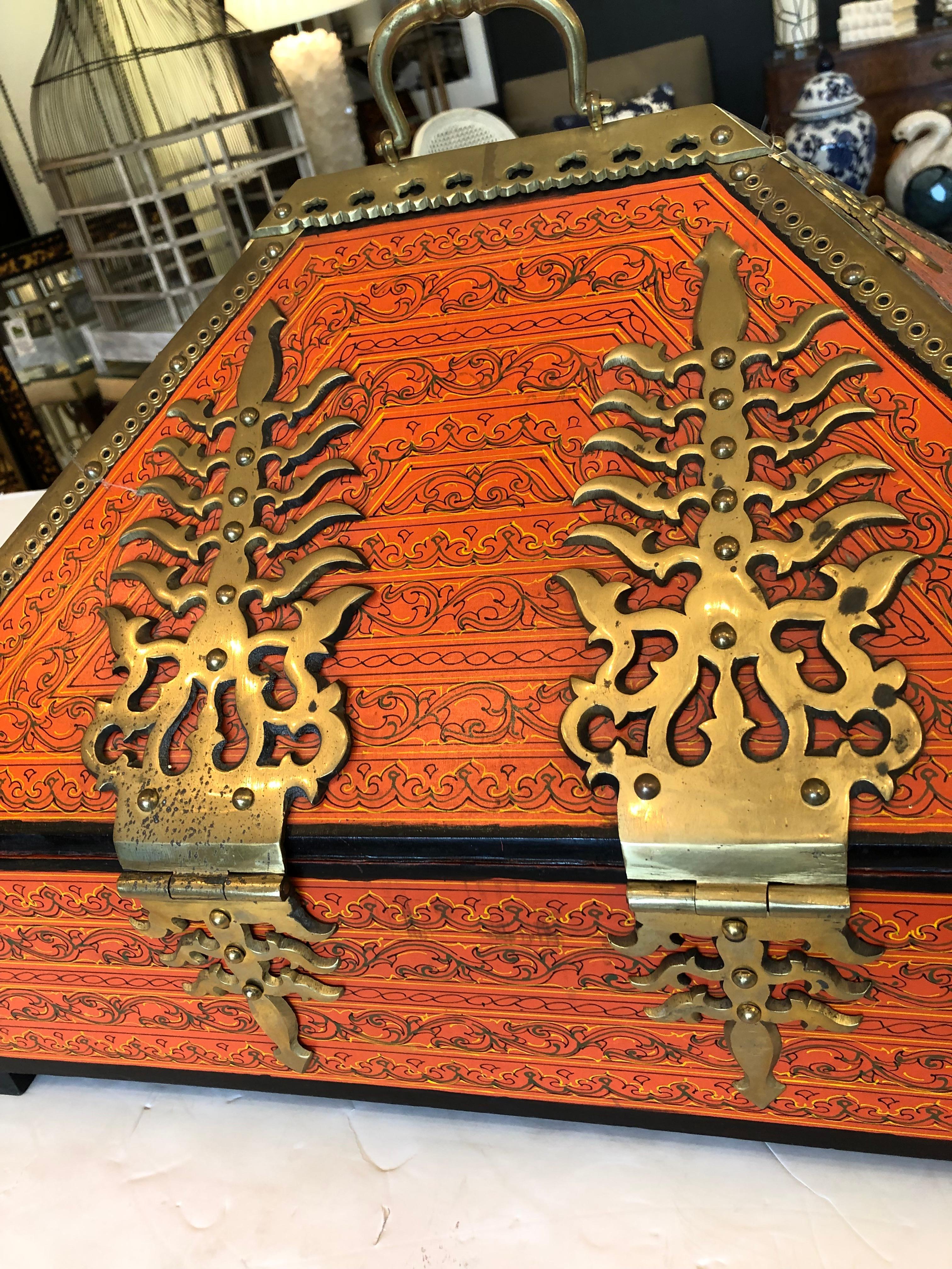 Incredible Ornate Hermes Orange and Brass Triangular Shaped Treasure Box 5