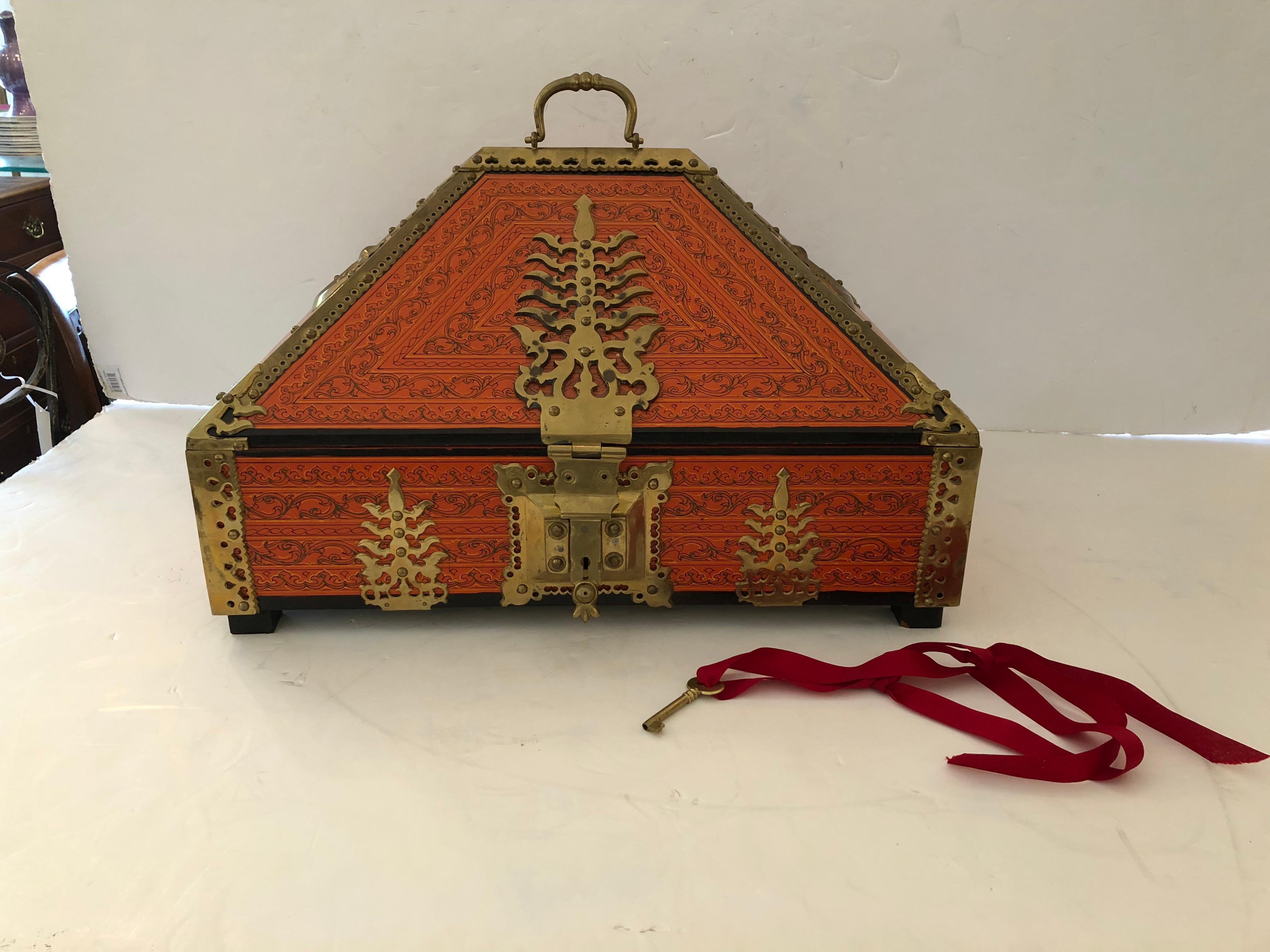 Incredible Ornate Hermes Orange and Brass Triangular Shaped Treasure Box 6