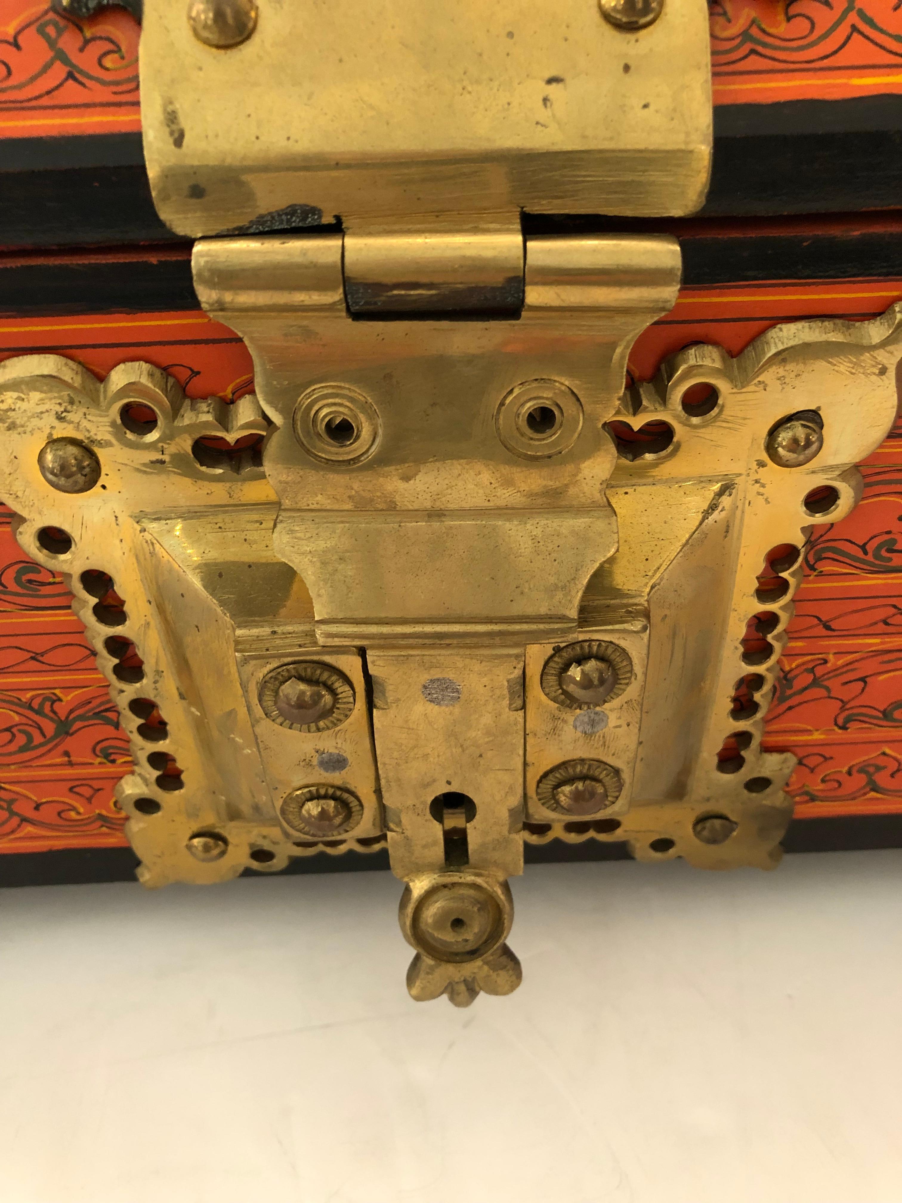 Incredible Ornate Hermes Orange and Brass Triangular Shaped Treasure Box 7