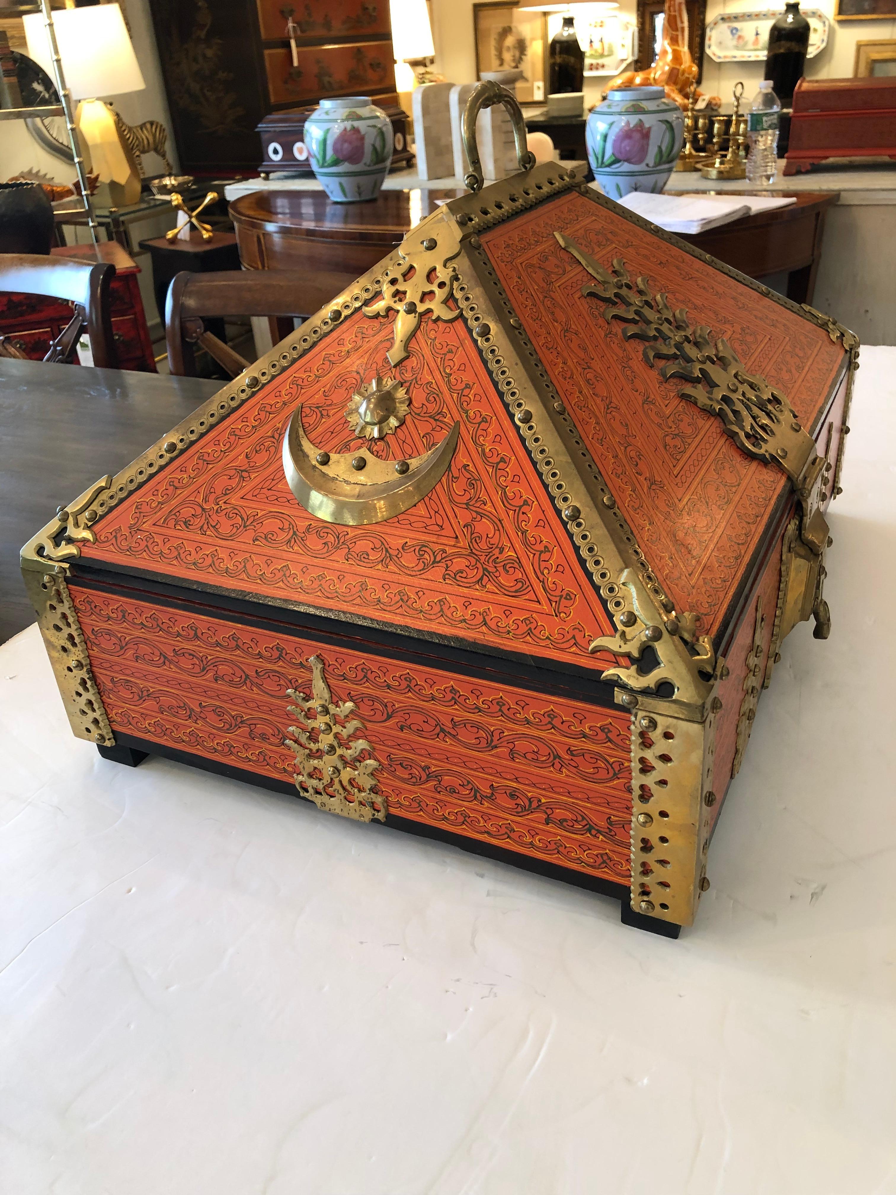 Incredible Ornate Hermes Orange and Brass Triangular Shaped Treasure Box 8