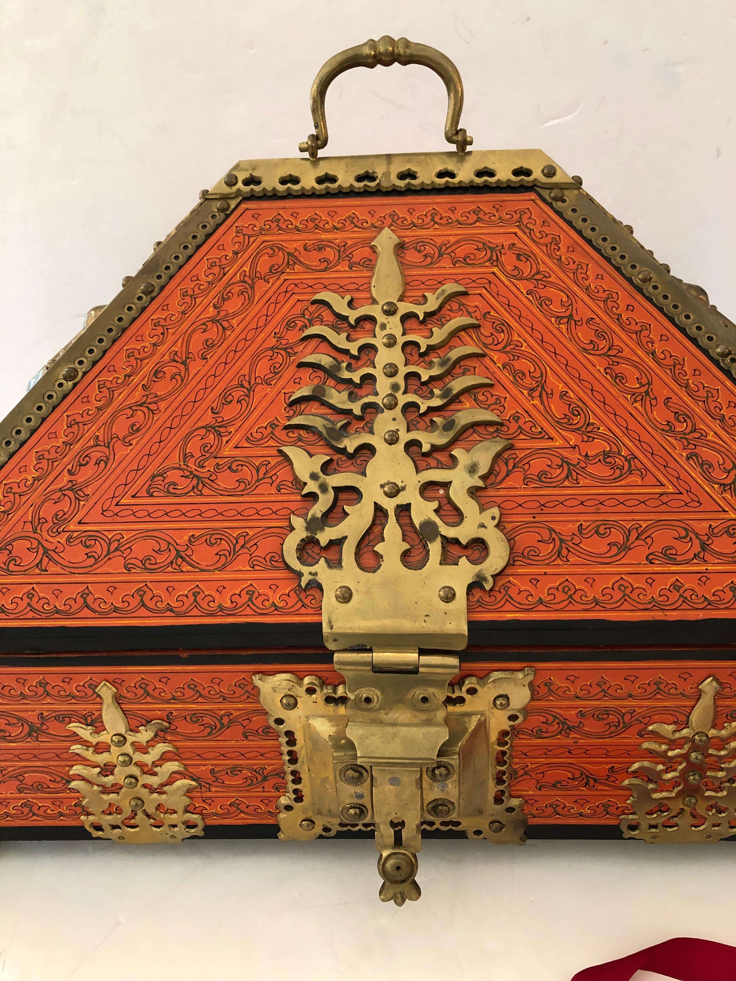 Incredible Ornate Hermes Orange and Brass Triangular Shaped Treasure Box 10
