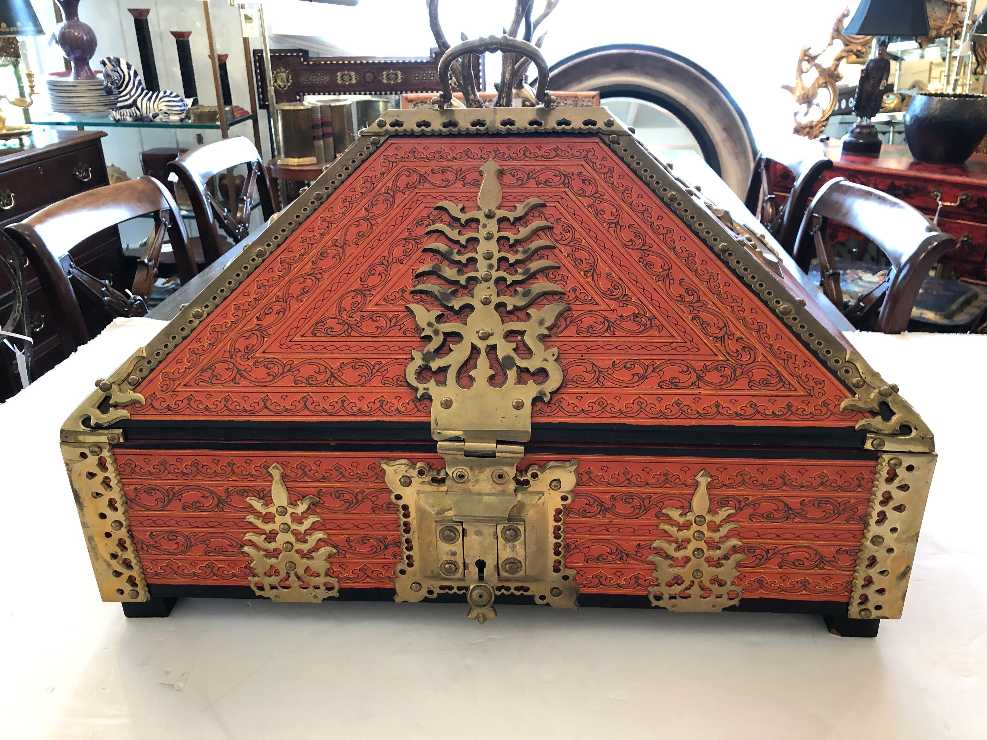 Incredible Ornate Hermes Orange and Brass Triangular Shaped Treasure Box 11