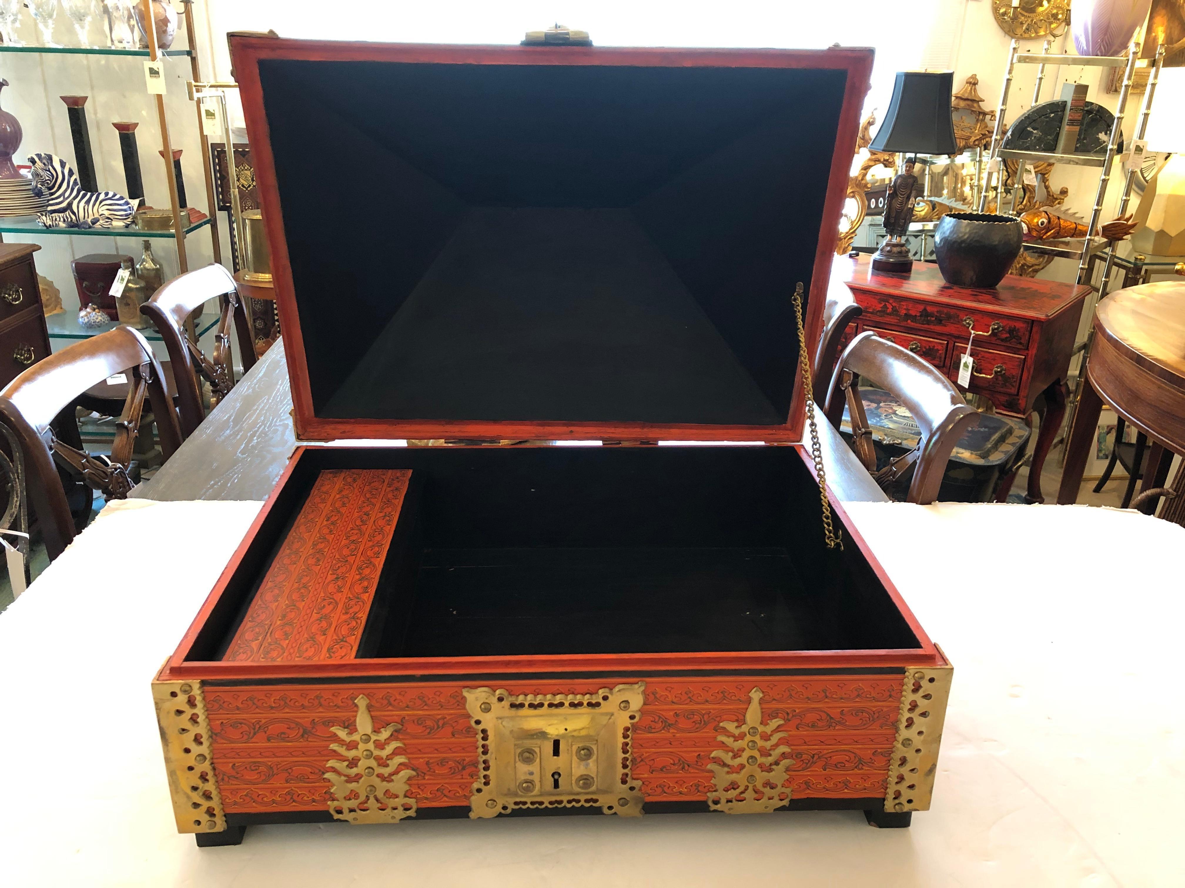 Chinese Incredible Ornate Hermes Orange and Brass Triangular Shaped Treasure Box