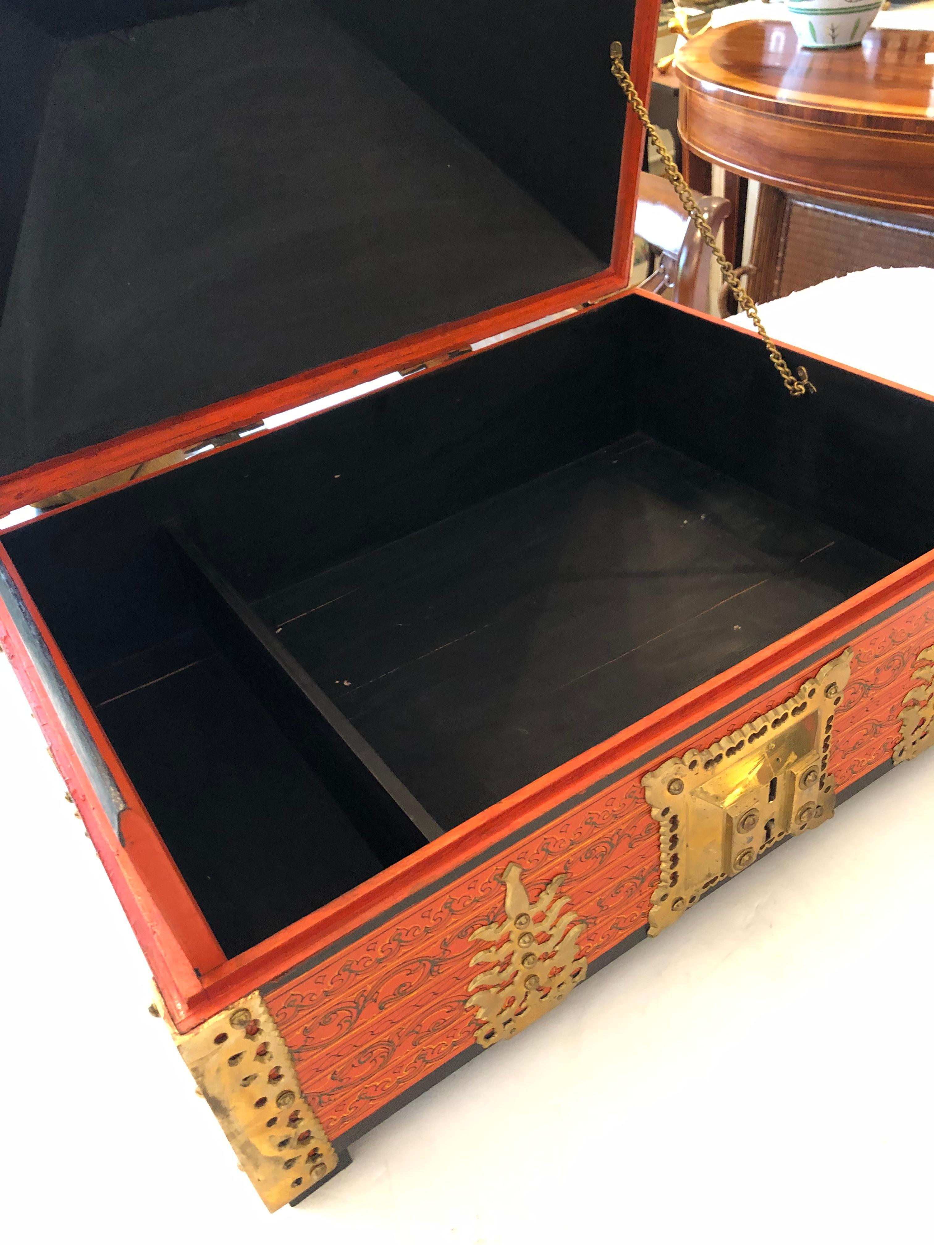 Mid-20th Century Incredible Ornate Hermes Orange and Brass Triangular Shaped Treasure Box