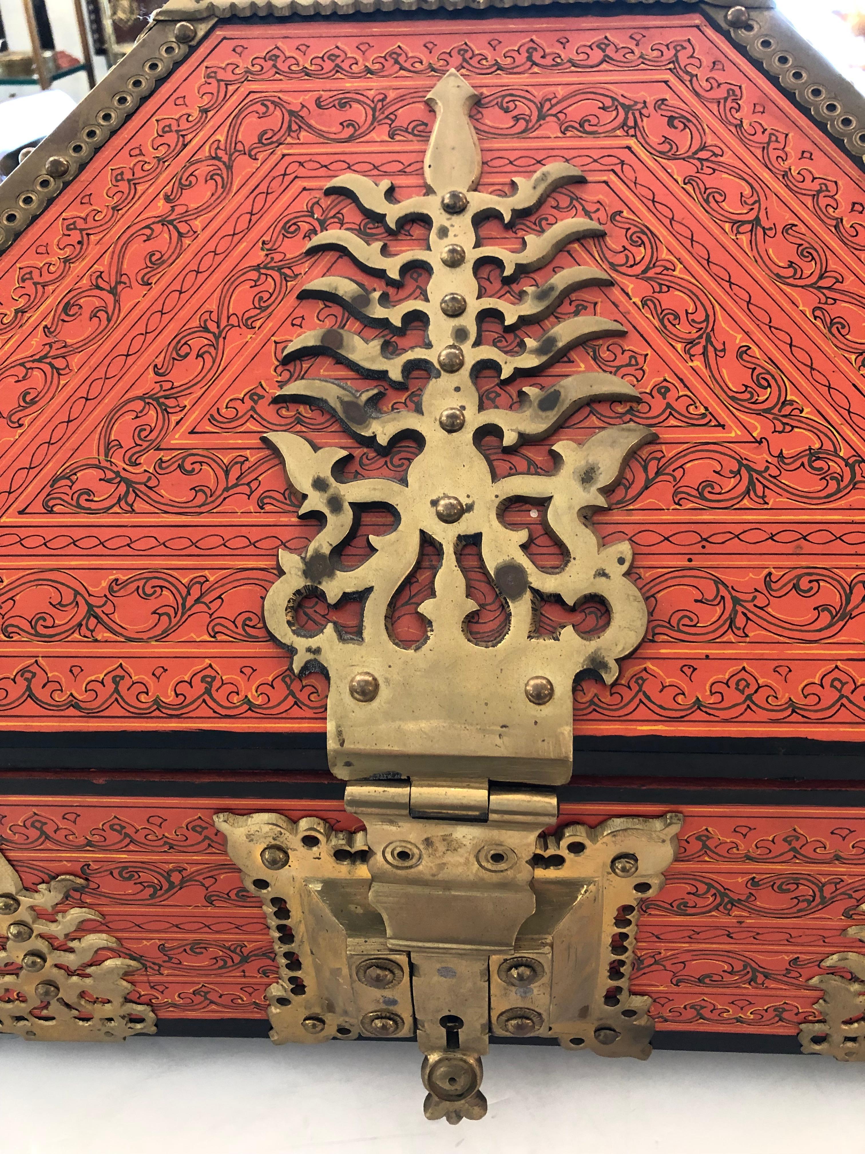Incredible Ornate Hermes Orange and Brass Triangular Shaped Treasure Box 4