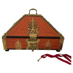 Incredible Ornate Hermes Orange and Brass Triangular Shaped Treasure Box