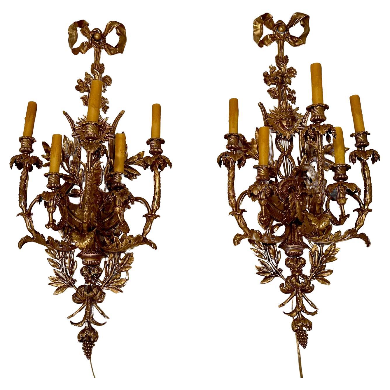 Incredible Ornate Monumental Pair Gilt Bronze Belle Epoque Style French Sconces