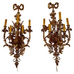 Vintage Incredible Ornate Monumental Pair Gilt Bronze Belle Epoque Style French Sconces