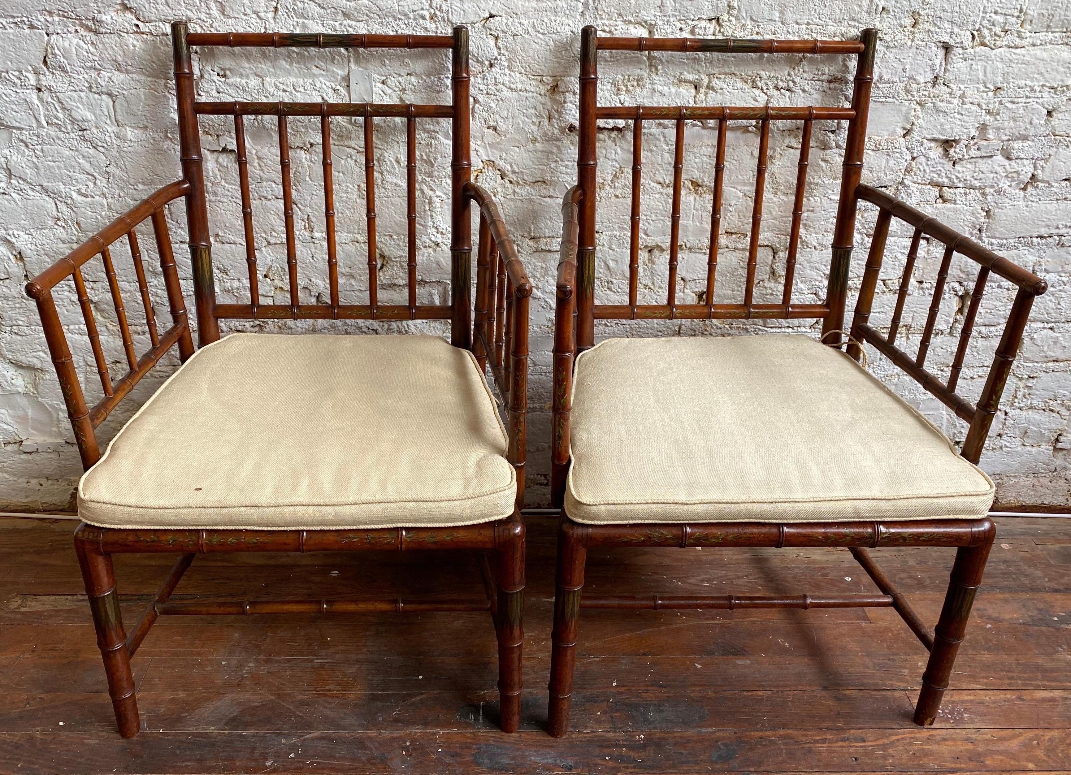 Incredible Pair of Faux Bamboo Chairs with Polychrome Paint Decoration 6