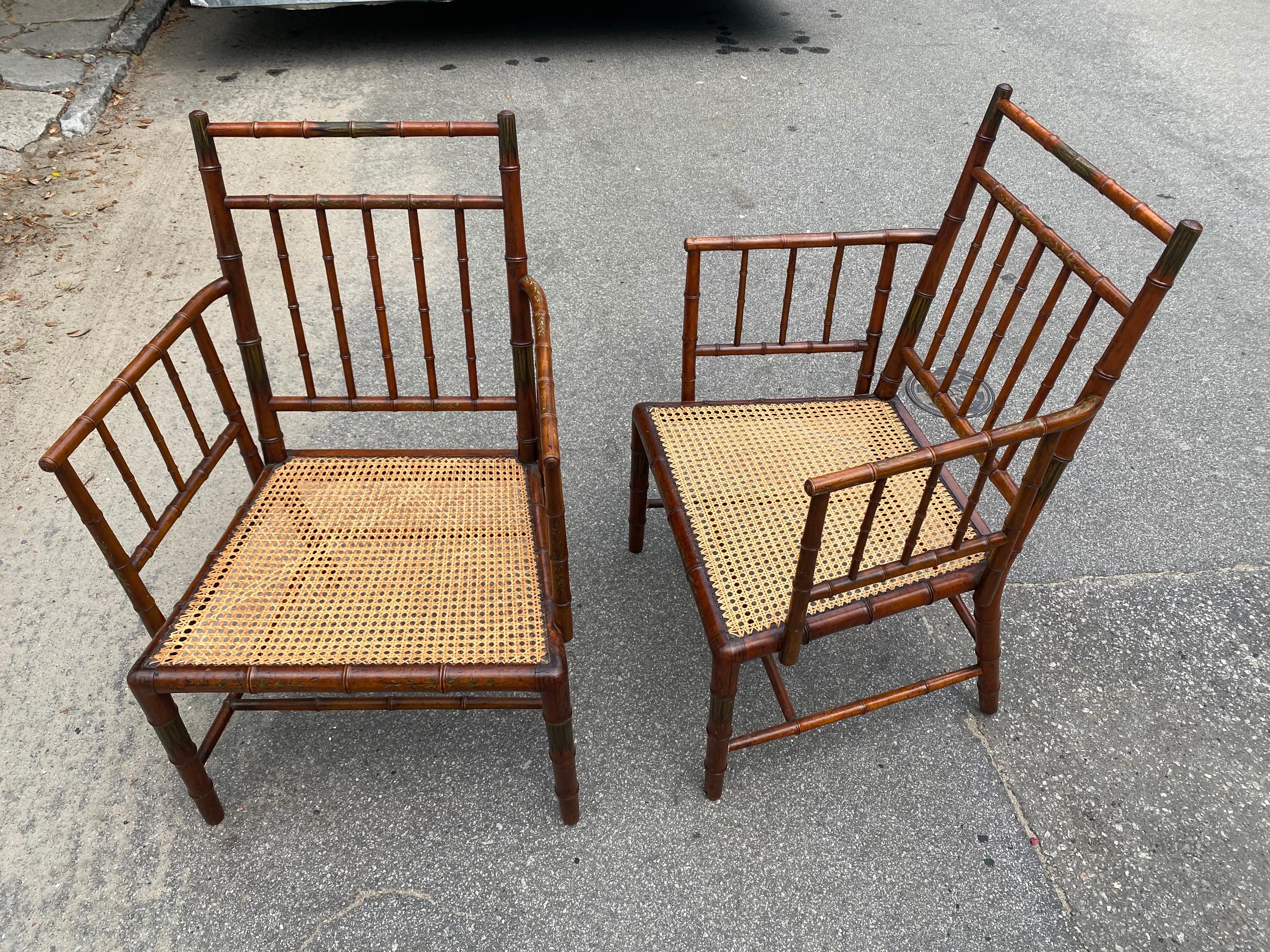 Incredible Pair of Faux Bamboo Chairs with Polychrome Paint Decoration 10