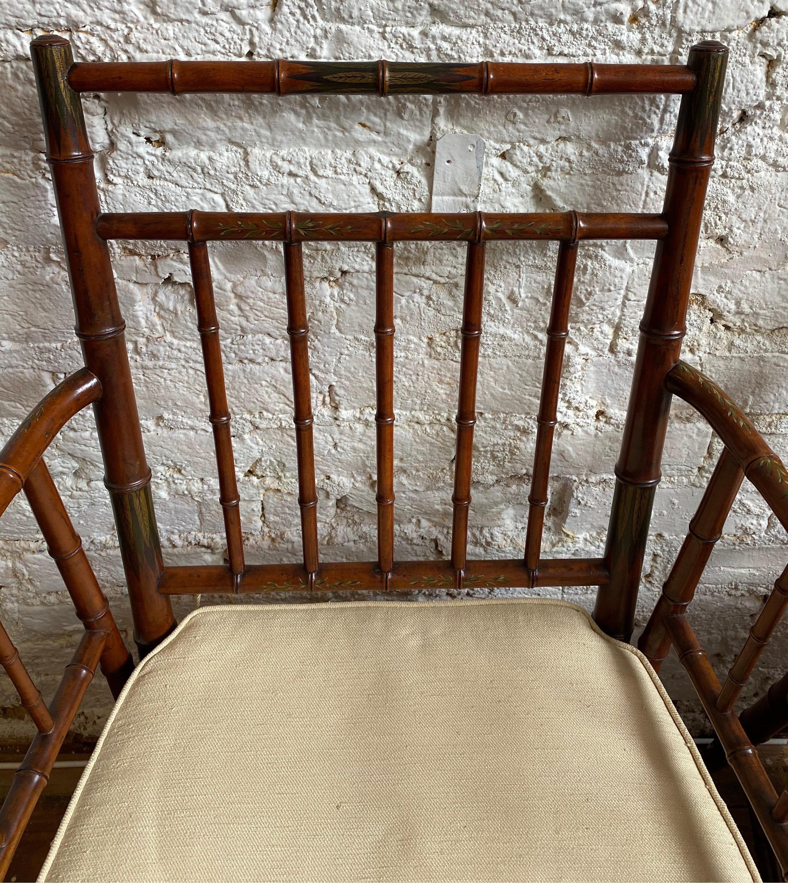 Incredible Pair of Faux Bamboo Chairs with Polychrome Paint Decoration In Good Condition In Charleston, SC