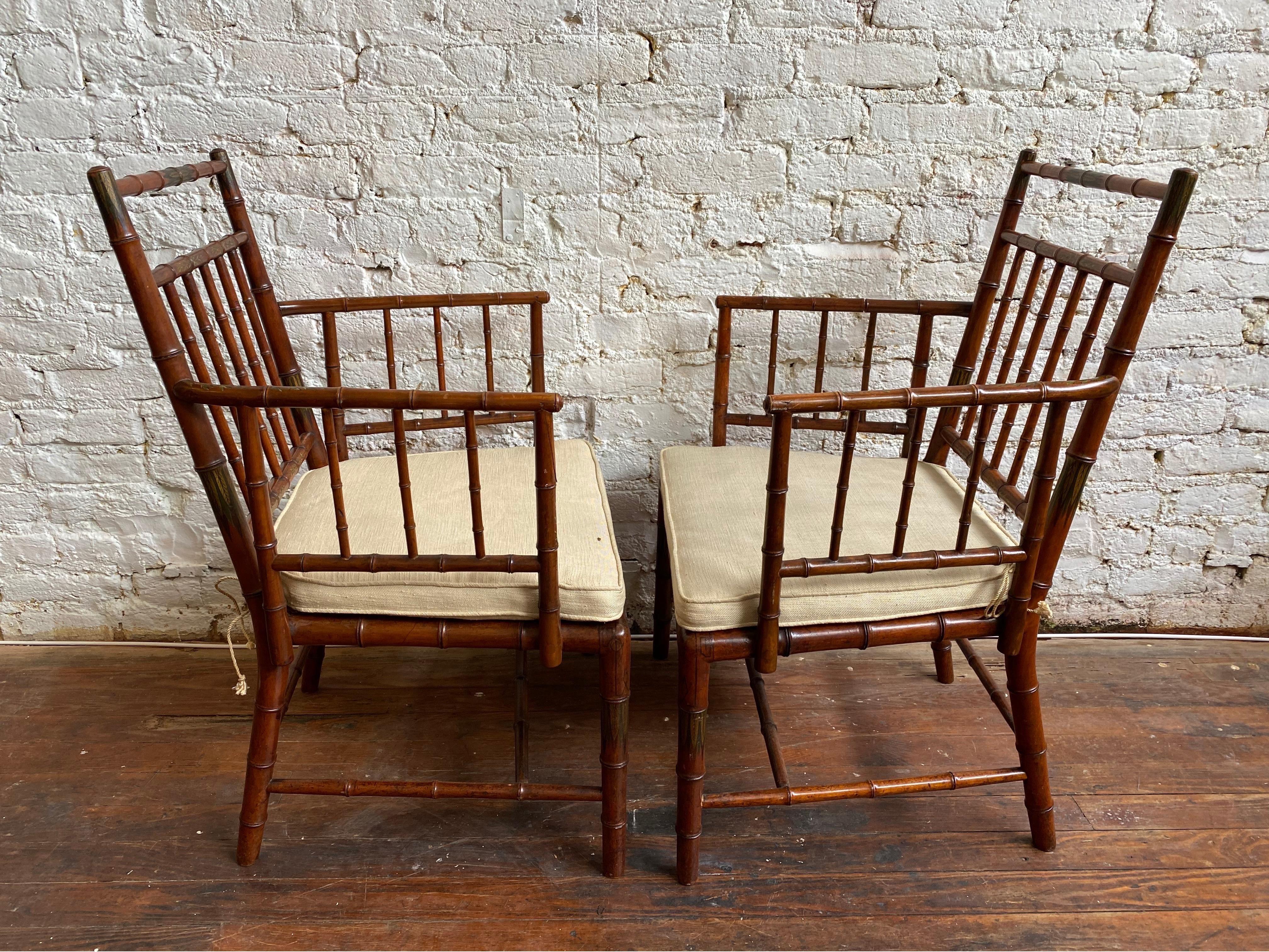 Incredible Pair of Faux Bamboo Chairs with Polychrome Paint Decoration 1